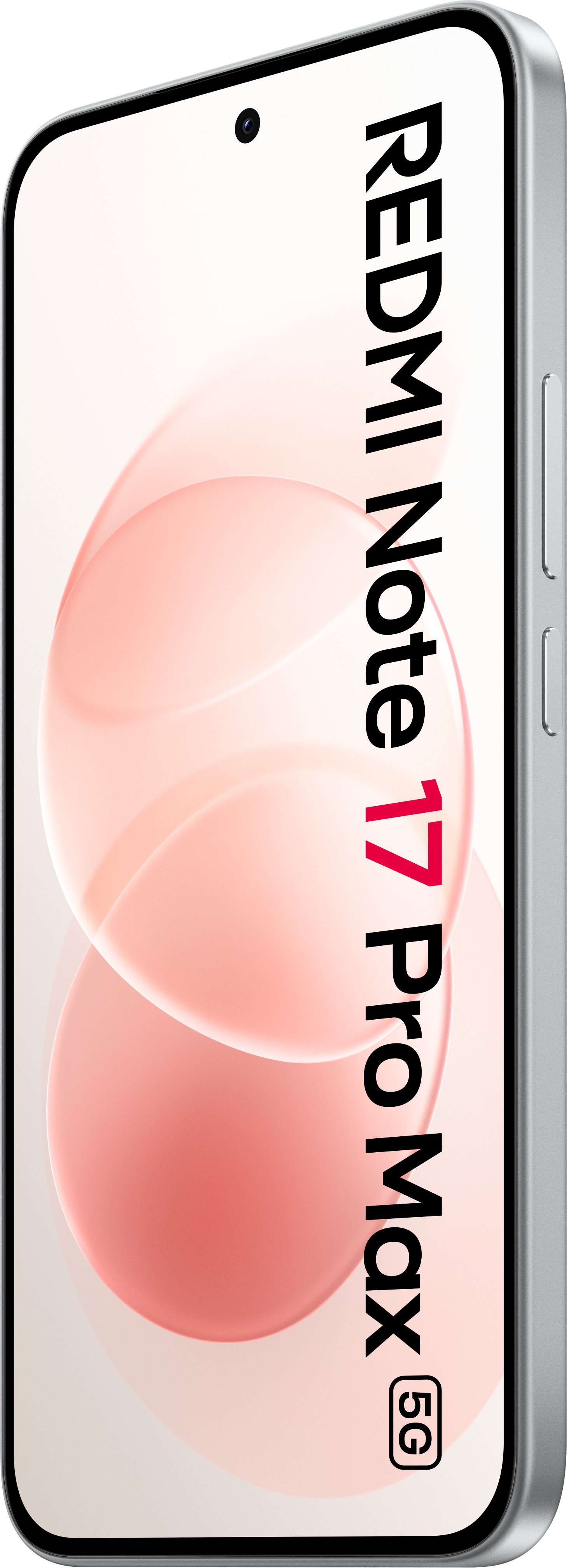 Frontansicht des Smartphones Redmi Note 17 Pro Max 5G mit weißem Display und roten Kreisgrafiken.