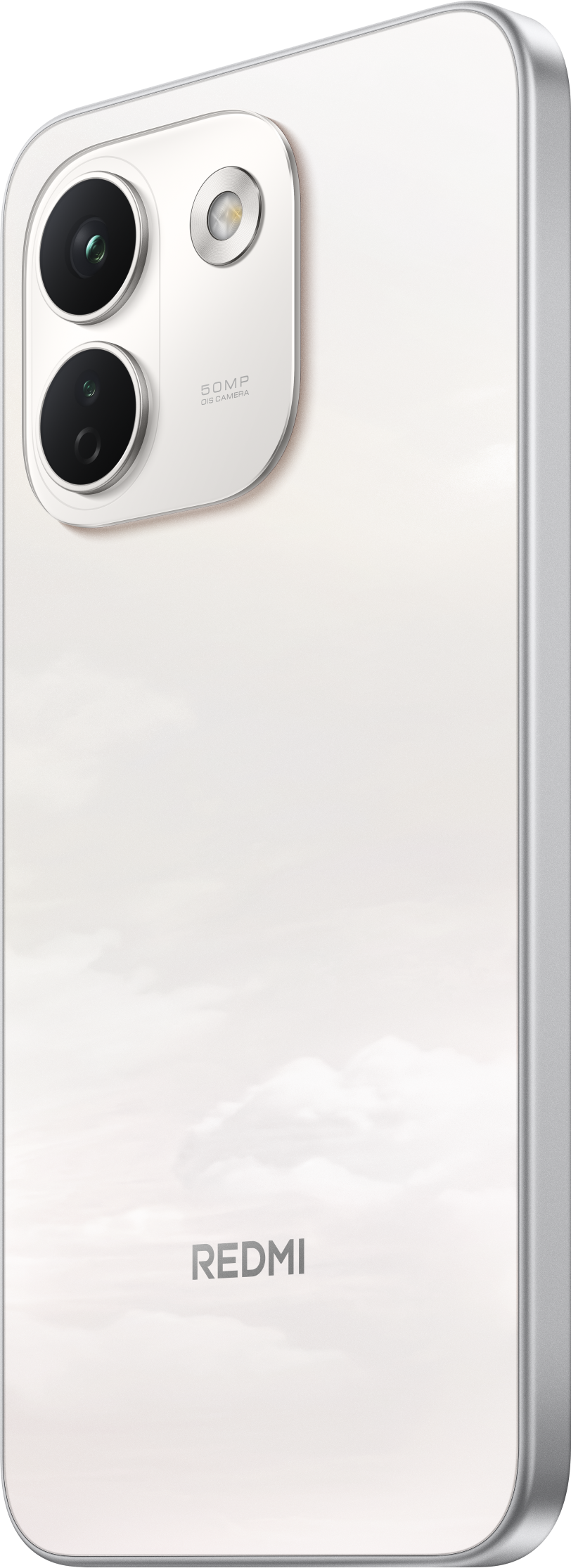 Rückseite eines weißen Redmi-Smartphones mit vertikaler Dual-Kamera und silbernem Rand.