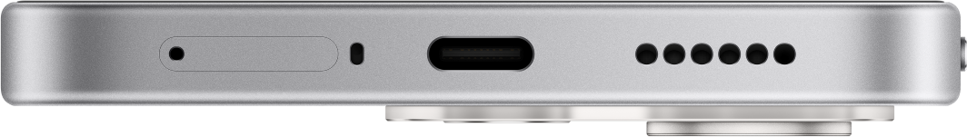 Unterseite eines silbernen Smartphones mit SIM-Schacht, USB-C-Anschluss und Lautsprecher.