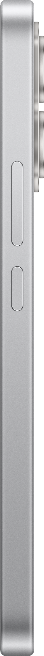 Seitenansicht eines silbernen Smartphones mit zwei ovalen Tasten und einer hervorstehenden Kamera.
