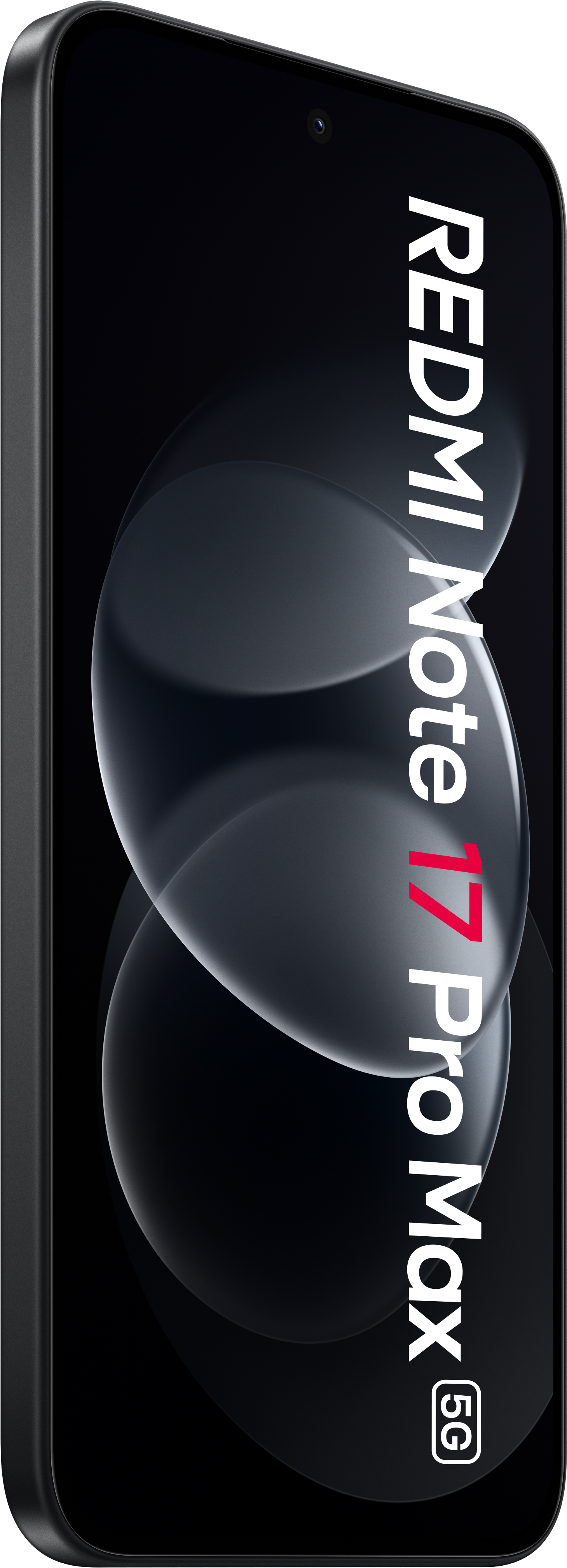 Smartphone mit schwarzem Display zeigt vertikalen Text Redmi Note 17 Pro Max 5G vor dunklem Hintergrund.
