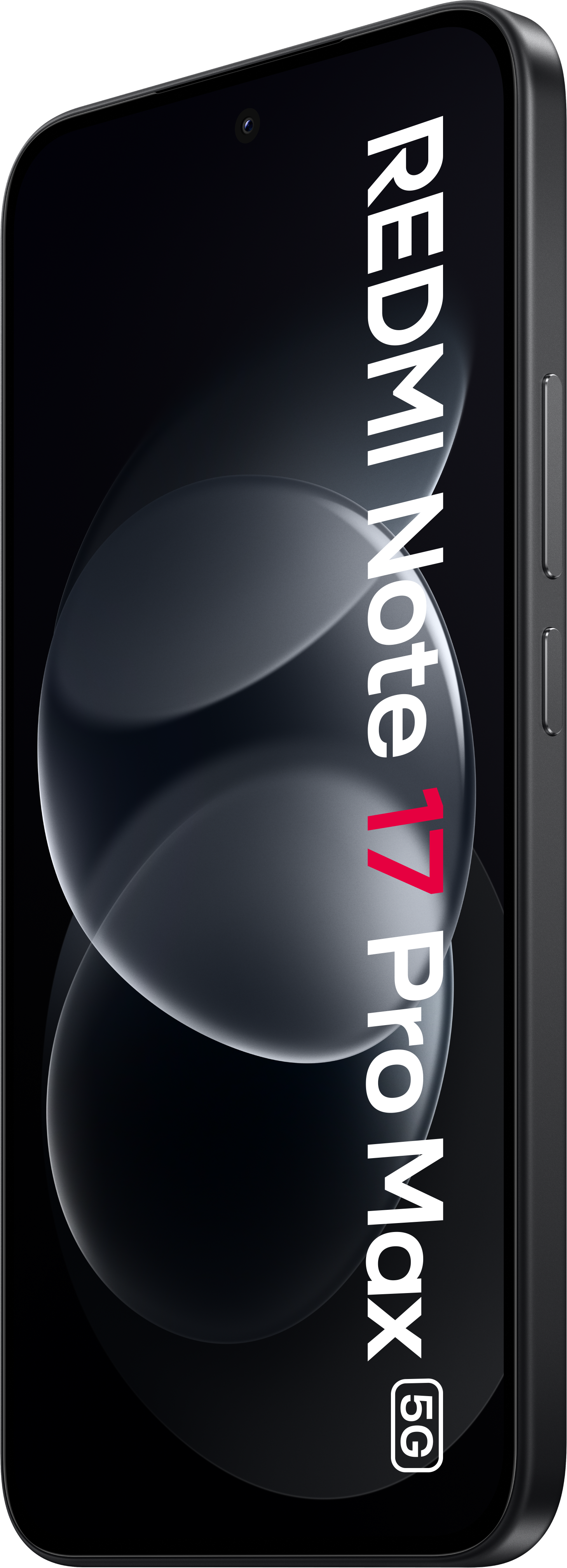 Ein schwarzes Smartphone zeigt Redmi Note 17 Pro Max 5G auf dem Bildschirm.