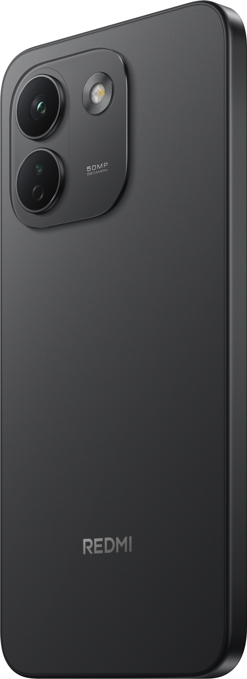 Rückseite eines schwarzen Redmi-Smartphones mit vertikaler Dual-Kamera und LED-Blitz.