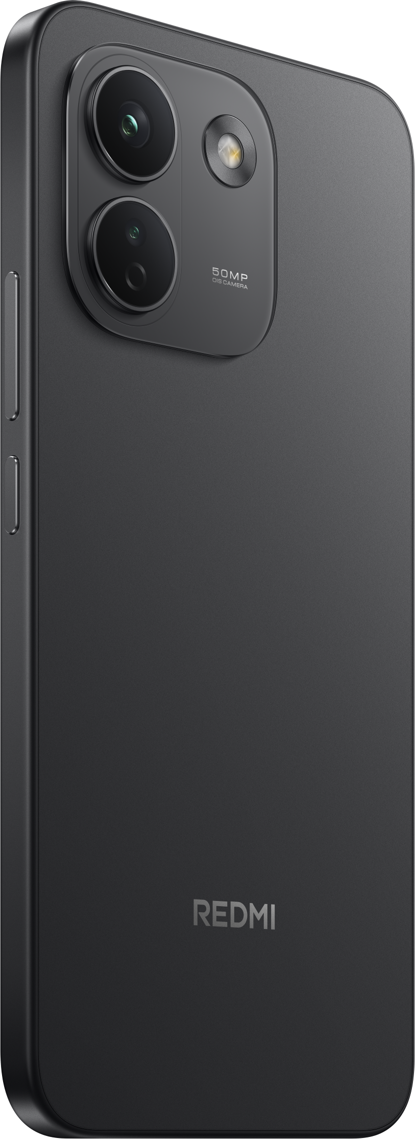 Rückseite eines schwarzen Redmi-Smartphones mit vertikaler Dualkamera und 50MP-Aufschrift.