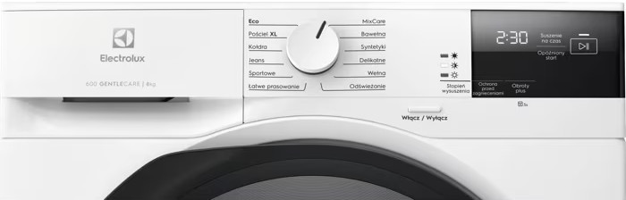 Biały panel sterowania suszarki Electrolux z pokrętłem i cyfrowym wyświetlaczem.