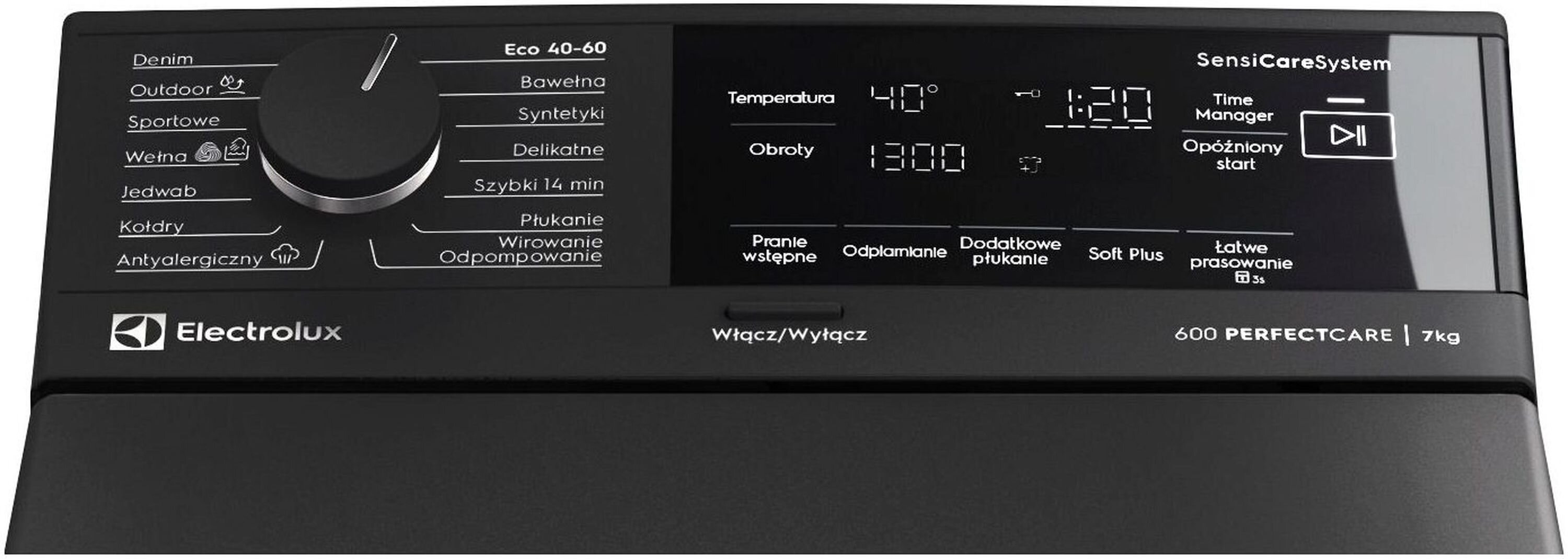 Panel sterowania pralki Electrolux PerfectCare 600 z pokrętłem programów, wyświetlaczem cyfrowym i przyciskami dotykowymi.
