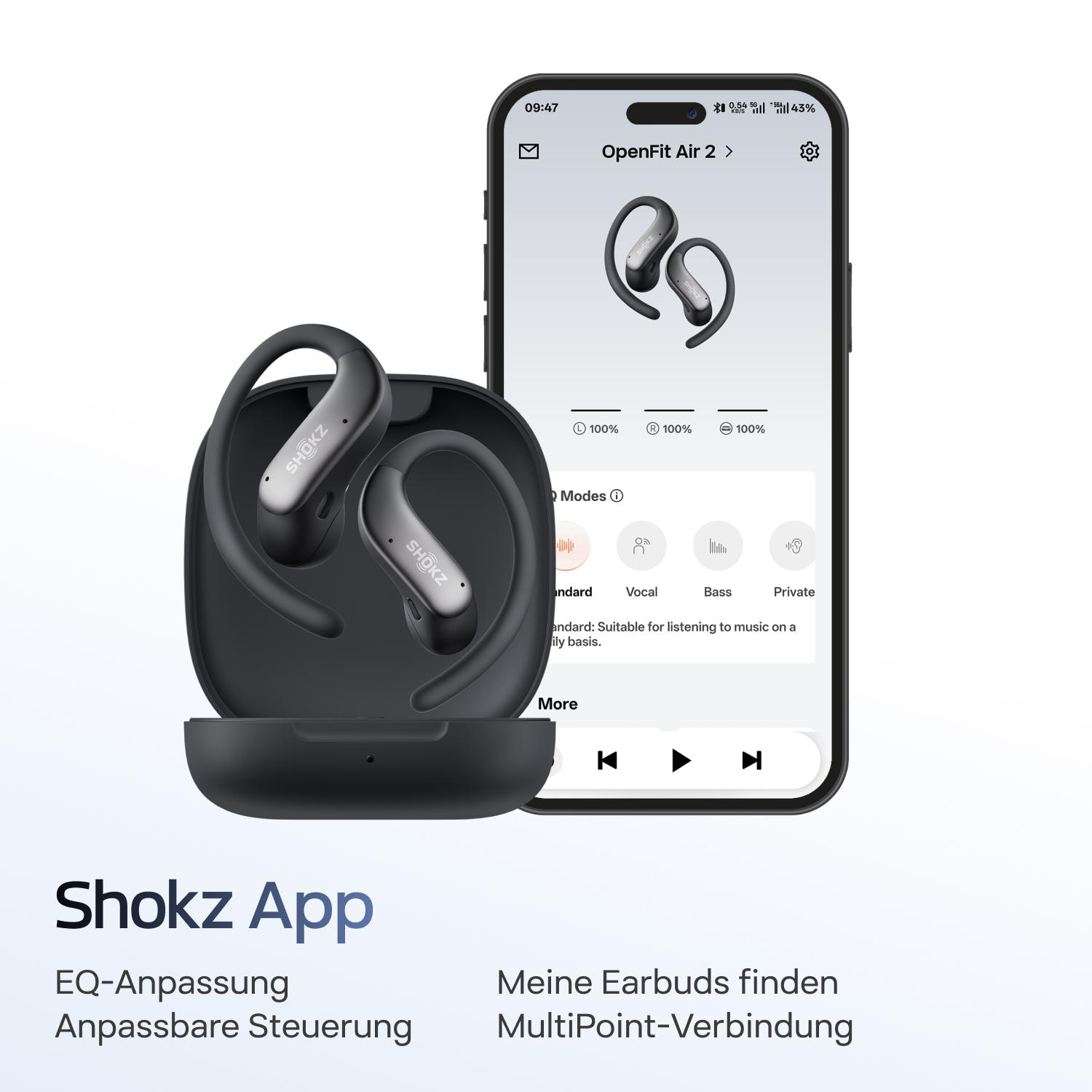 Shokz-Kopfhörer in Ladecase und Smartphone mit Shokz App.