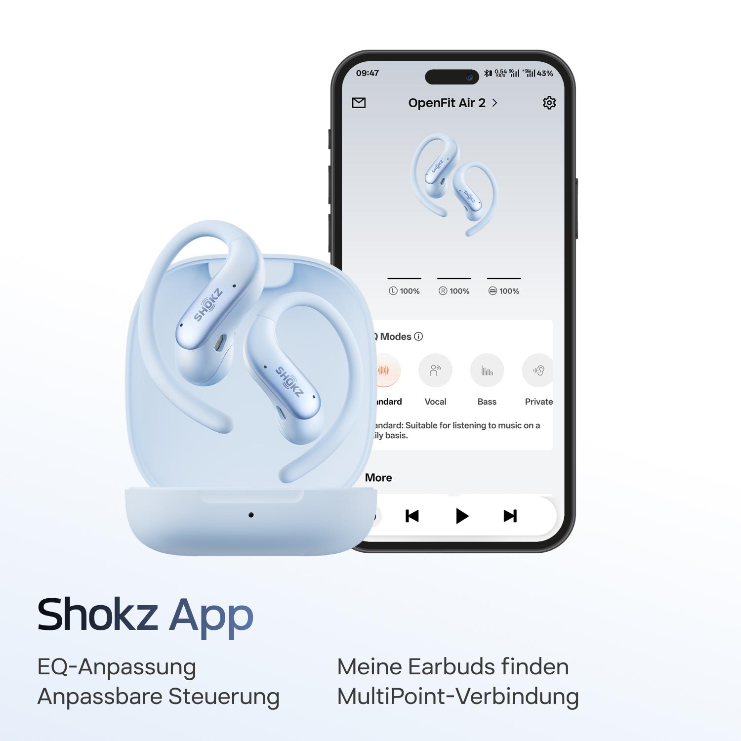 Blaue Shokz OpenFit Air 2 Ohrhörer im Ladecase neben einem Smartphone mit offener App.