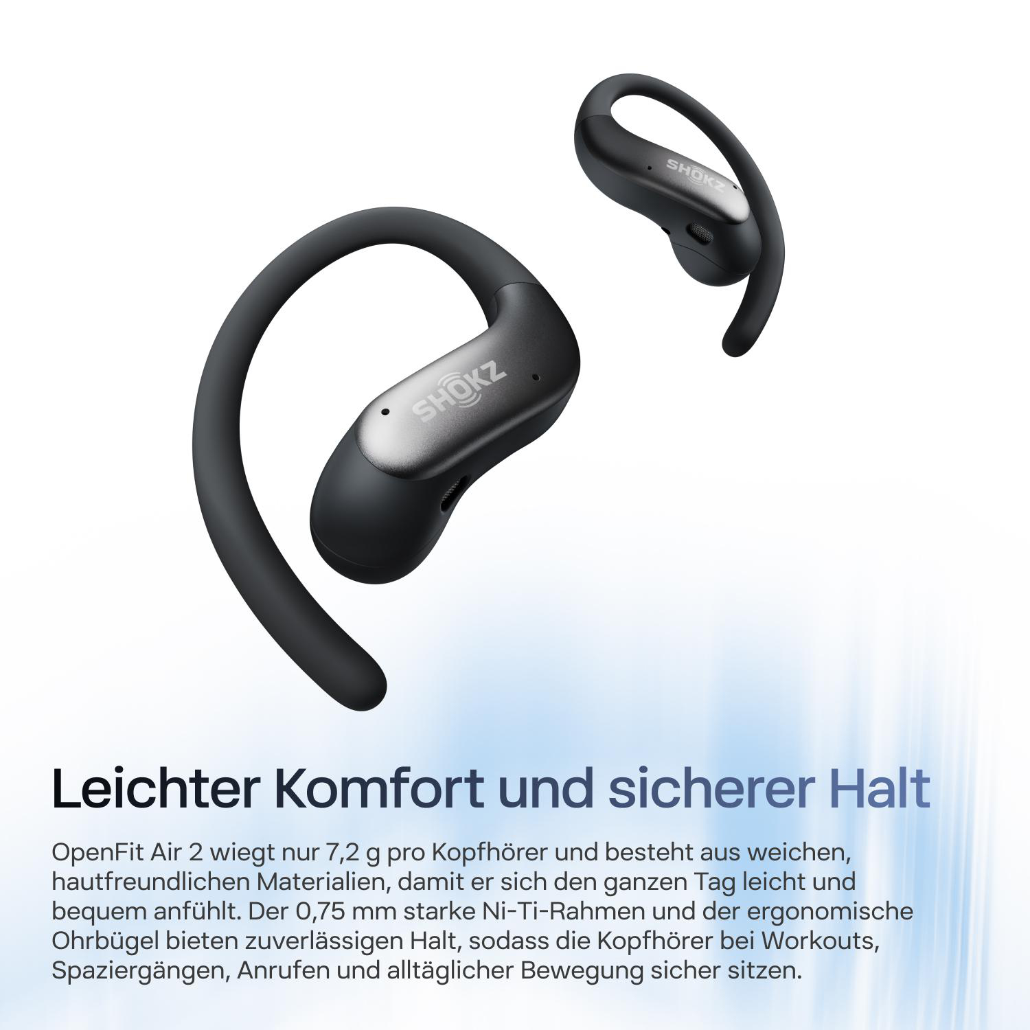 Zwei schwarze Shokz OpenFit Air 2 Ohrhörer mit Ohrbügel und deutschem Werbetext auf hellem Hintergrund.