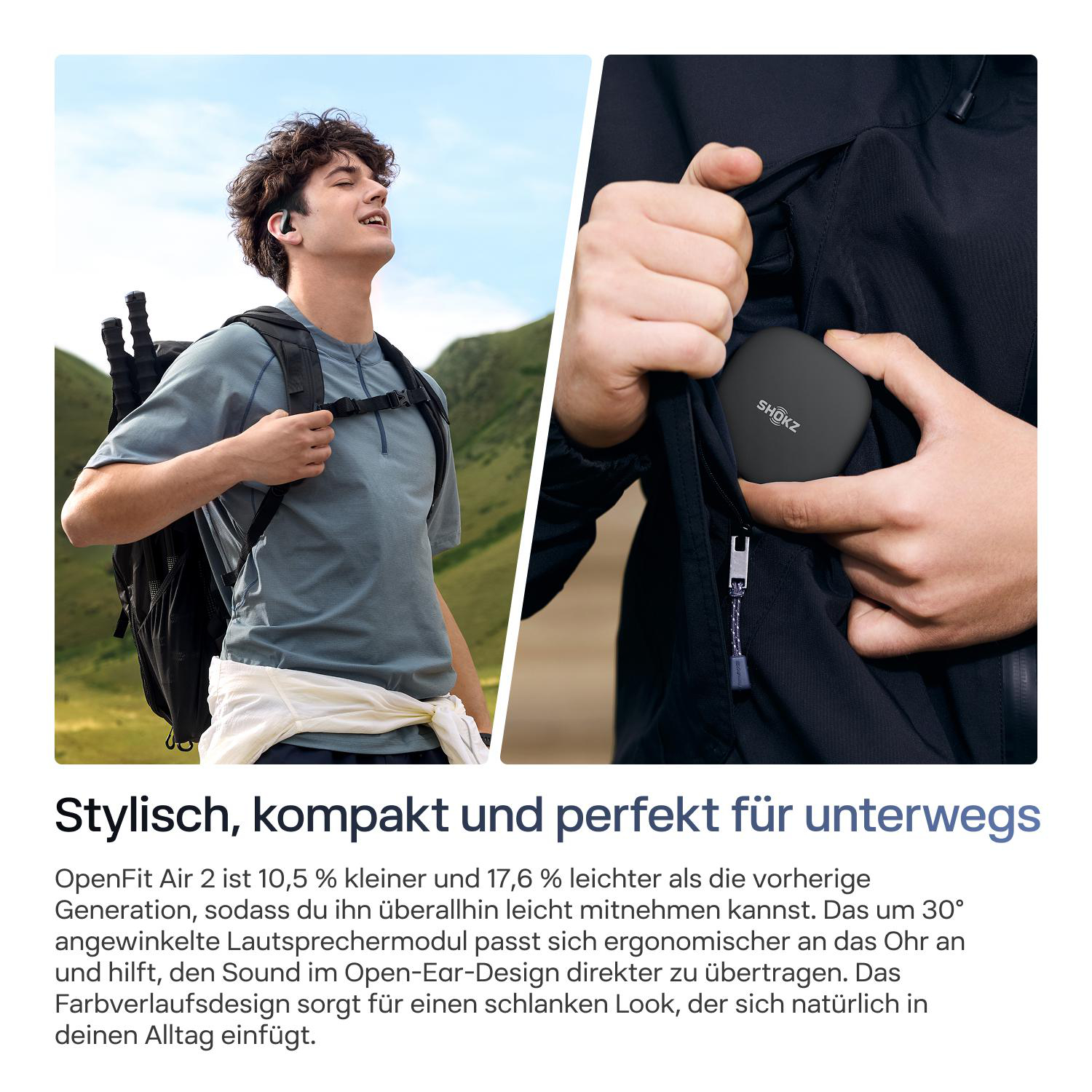 Ein Wanderer mit Kopfhörern und eine Person, die ein schwarzes Shokz-Etui in einer Jackentasche verstaut.