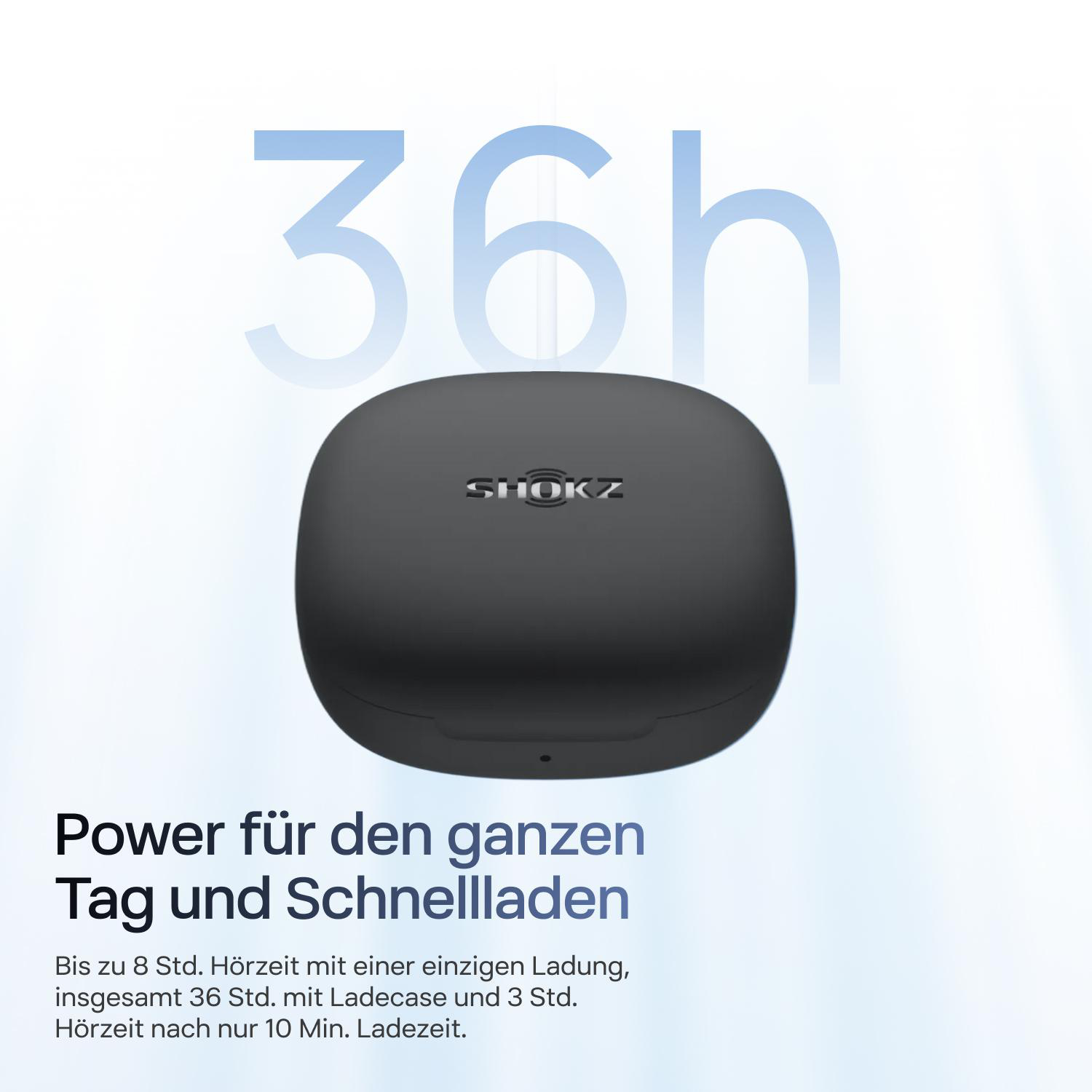 Schwarzes Shokz-Ladecase vor hellblauem Hintergrund mit Text über 36 Stunden Akkulaufzeit.