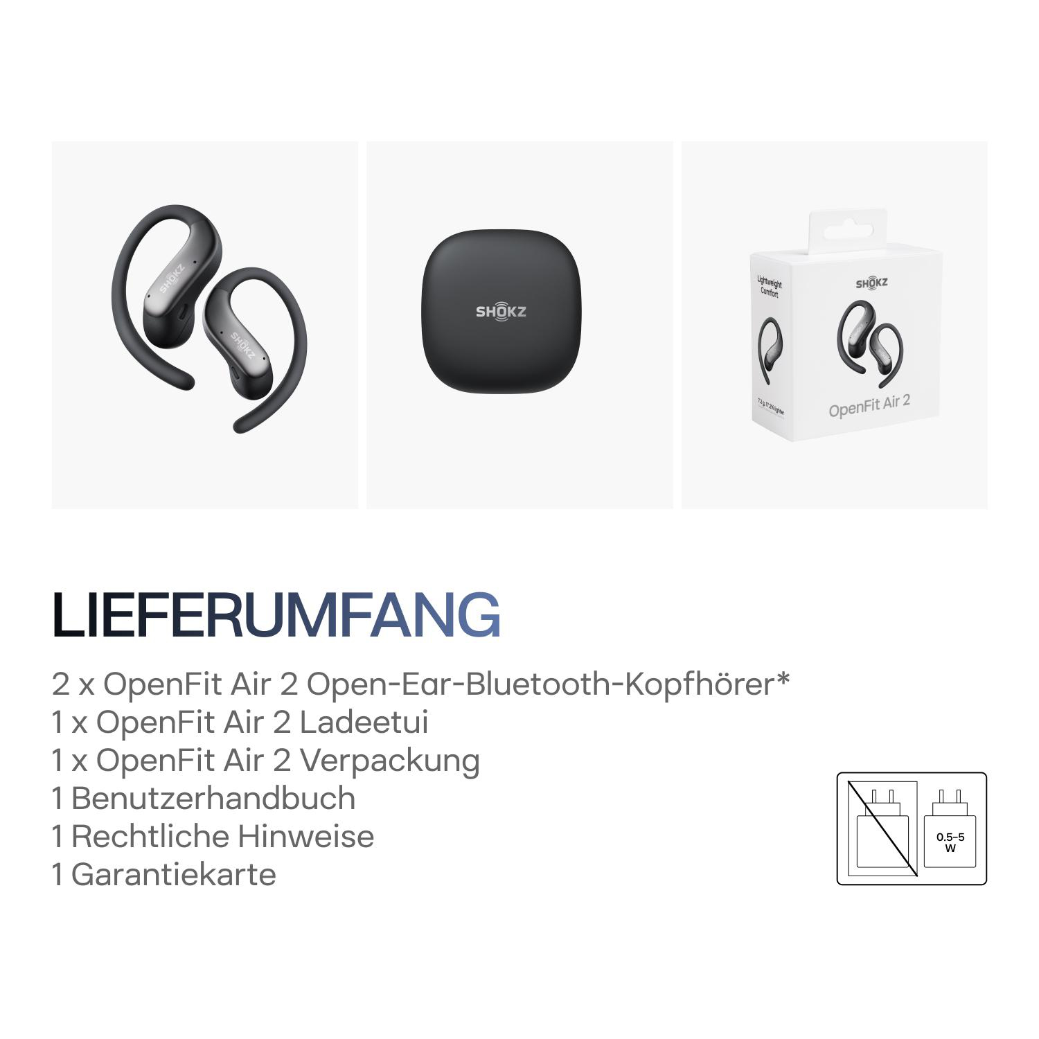Lieferumfang: OpenFit Air 2 Kopfhörer, Ladeetui, Verpackung, Handbuch, Hinweise und Karte auf weißem Grund.