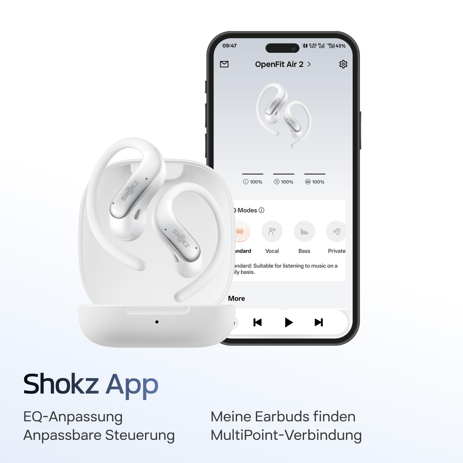 Shokz OpenFit Air 2 Ohrhörer mit Ladecase und verbundener App auf einem Smartphone.