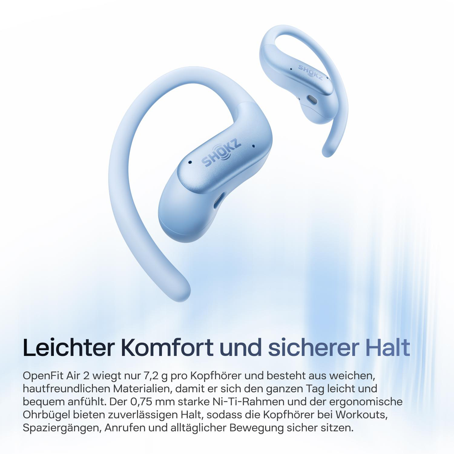 Blaue Shokz OpenFit Air 2 Ohrhörer mit Ohrbügeln und deutschem Werbetext auf hellem Hintergrund.