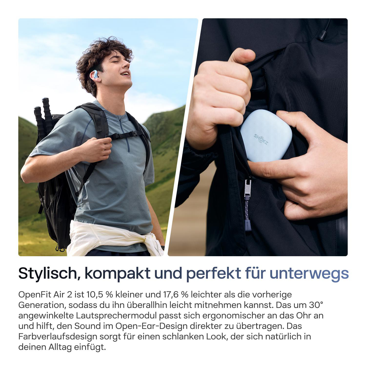 Ein Wanderer mit Kopfhörern im Freien und eine Hand, die ein blaues Shokz-Ladecase aus einer Jackentasche nimmt.