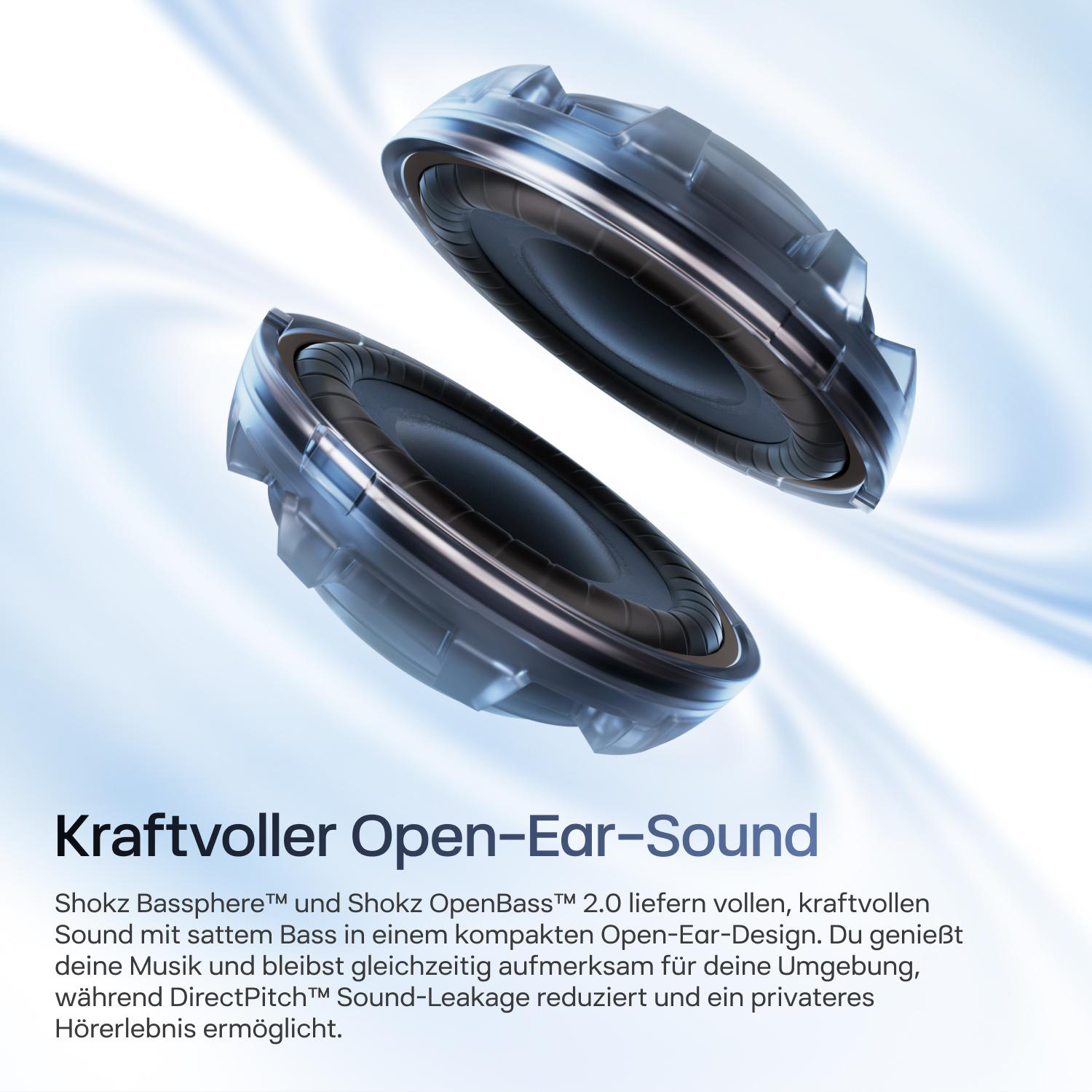 Zwei blaue Audio-Lautsprecherkomponenten schweben vor weißem Hintergrund mit Text über Open-Ear-Sound.