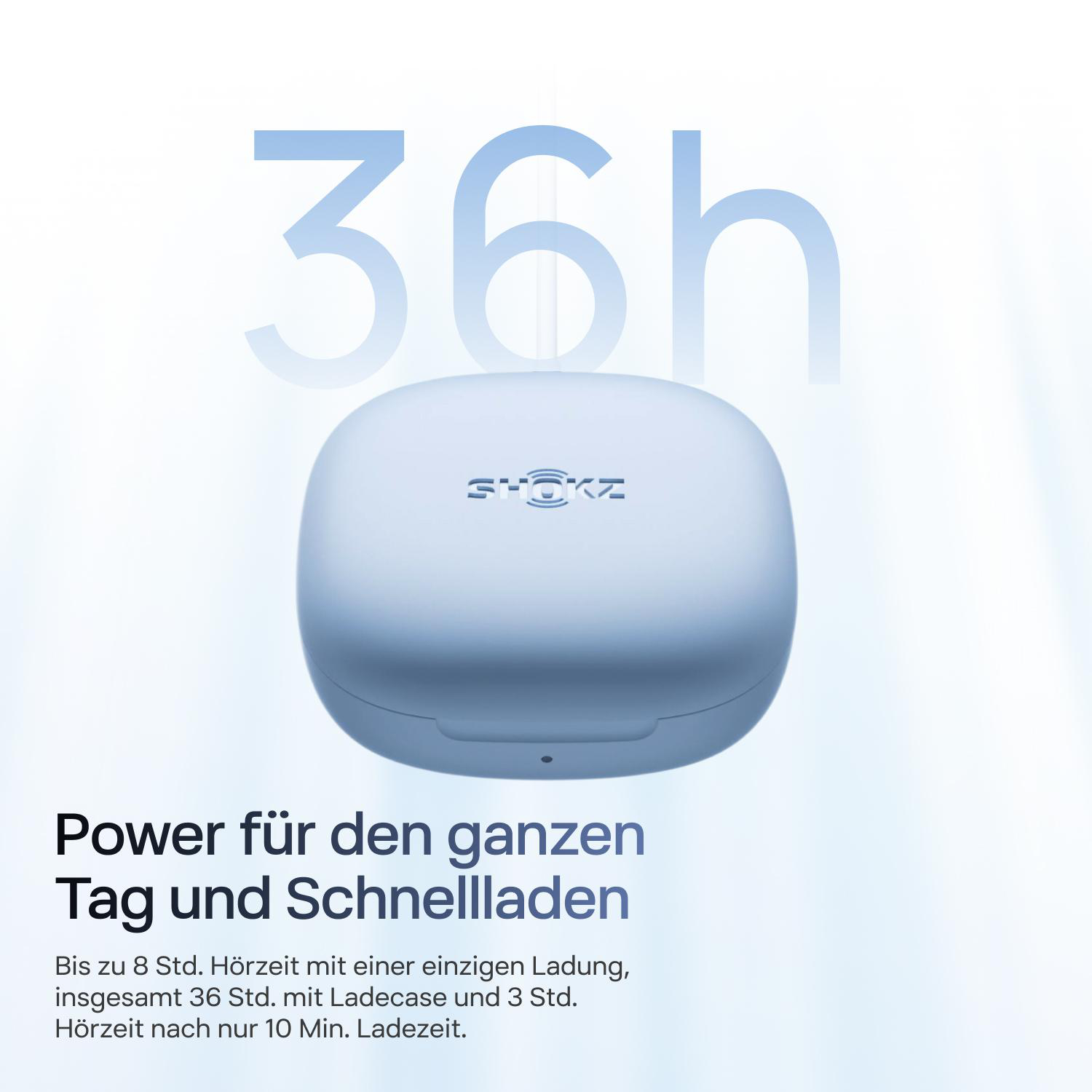 Blaue Schokz Ladebox vor hellem Hintergrund mit Text über Akkulaufzeit.