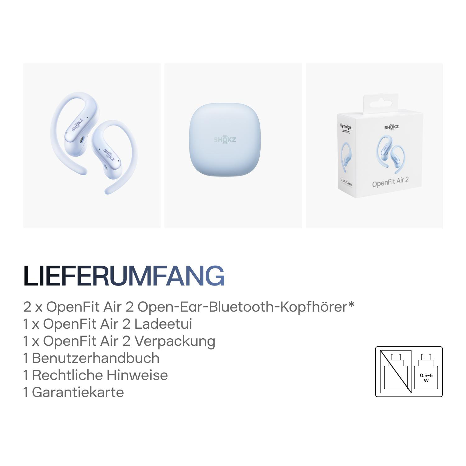 Lieferumfang: OpenFit Air 2 Kopfhörer, Ladeetui, Verpackung, Handbuch und Hinweise auf weißem Hintergrund.