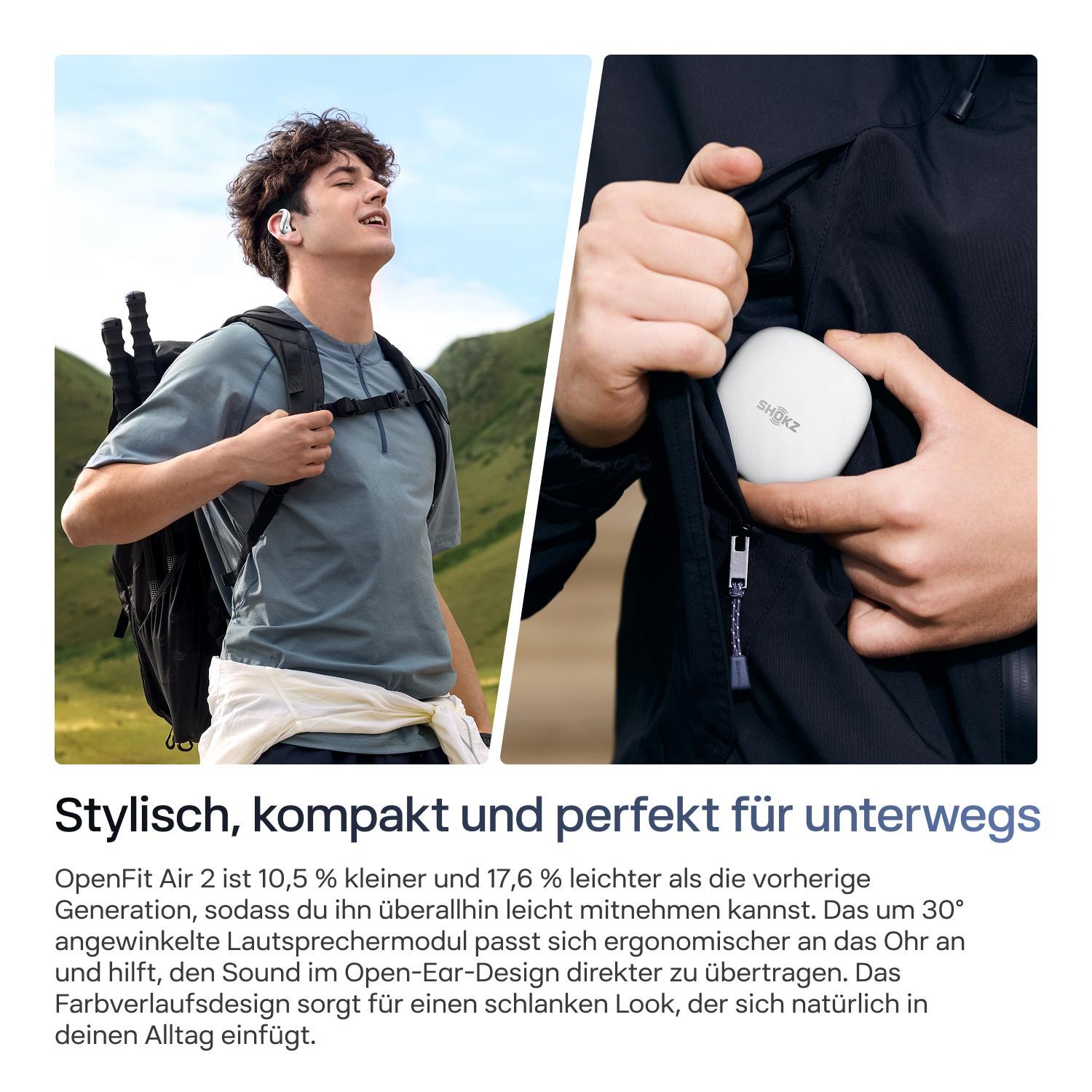 Wanderer mit Kopfhörern und Hände, die ein weißes Shokz Etui in eine Jackentasche stecken, mit Text.