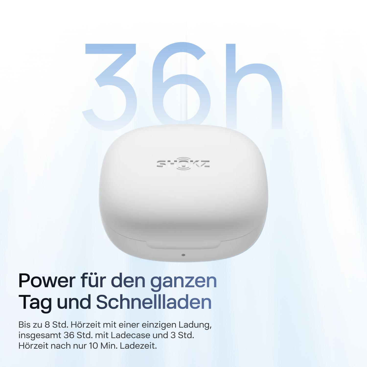 Weiße Shokz-Ladebox vor weißem Hintergrund mit Text zu 36 Stunden Akkulaufzeit.