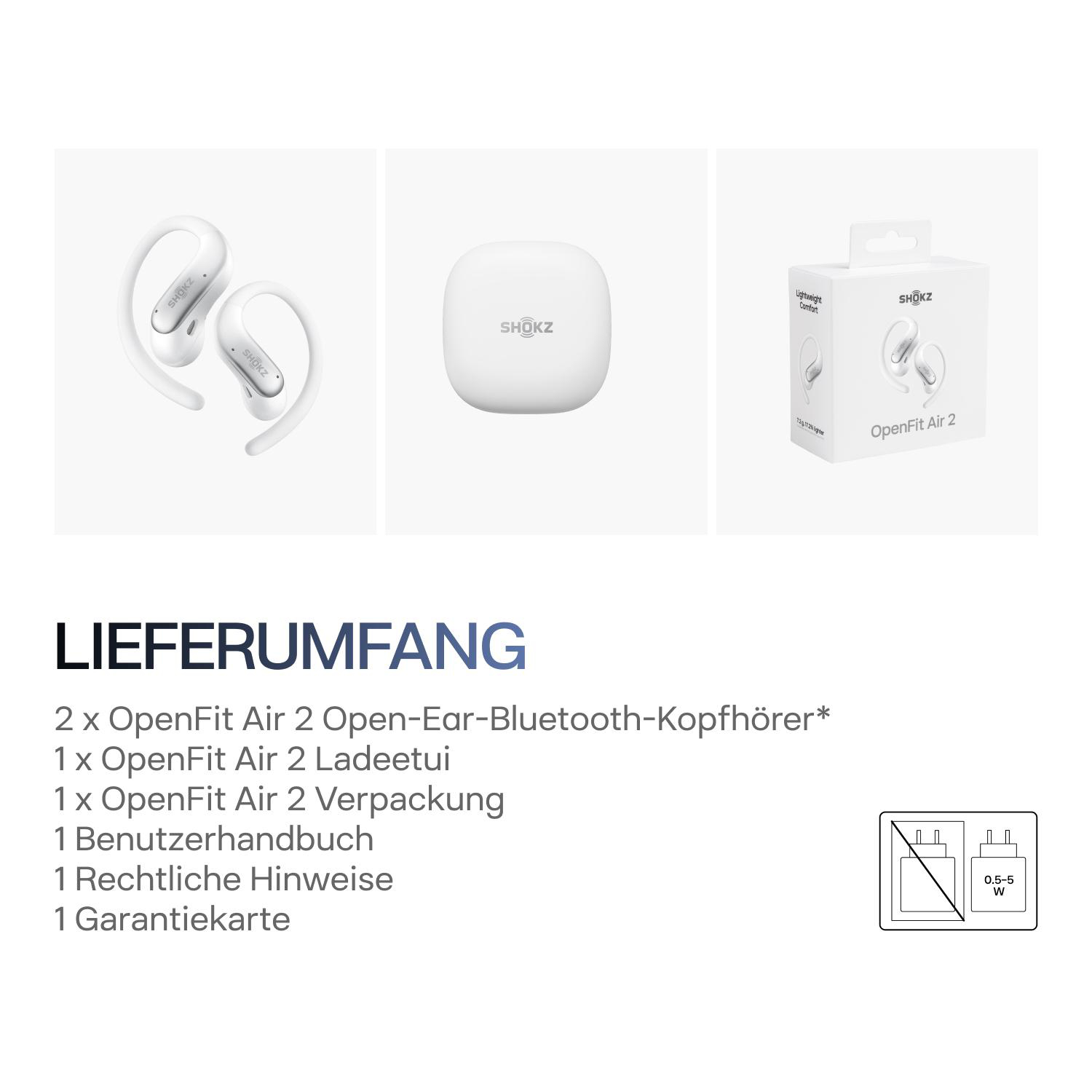 Lieferumfang von OpenFit Air 2: Kopfhörer, Ladeetui, Verpackung, Handbuch, Hinweise, Karte.
