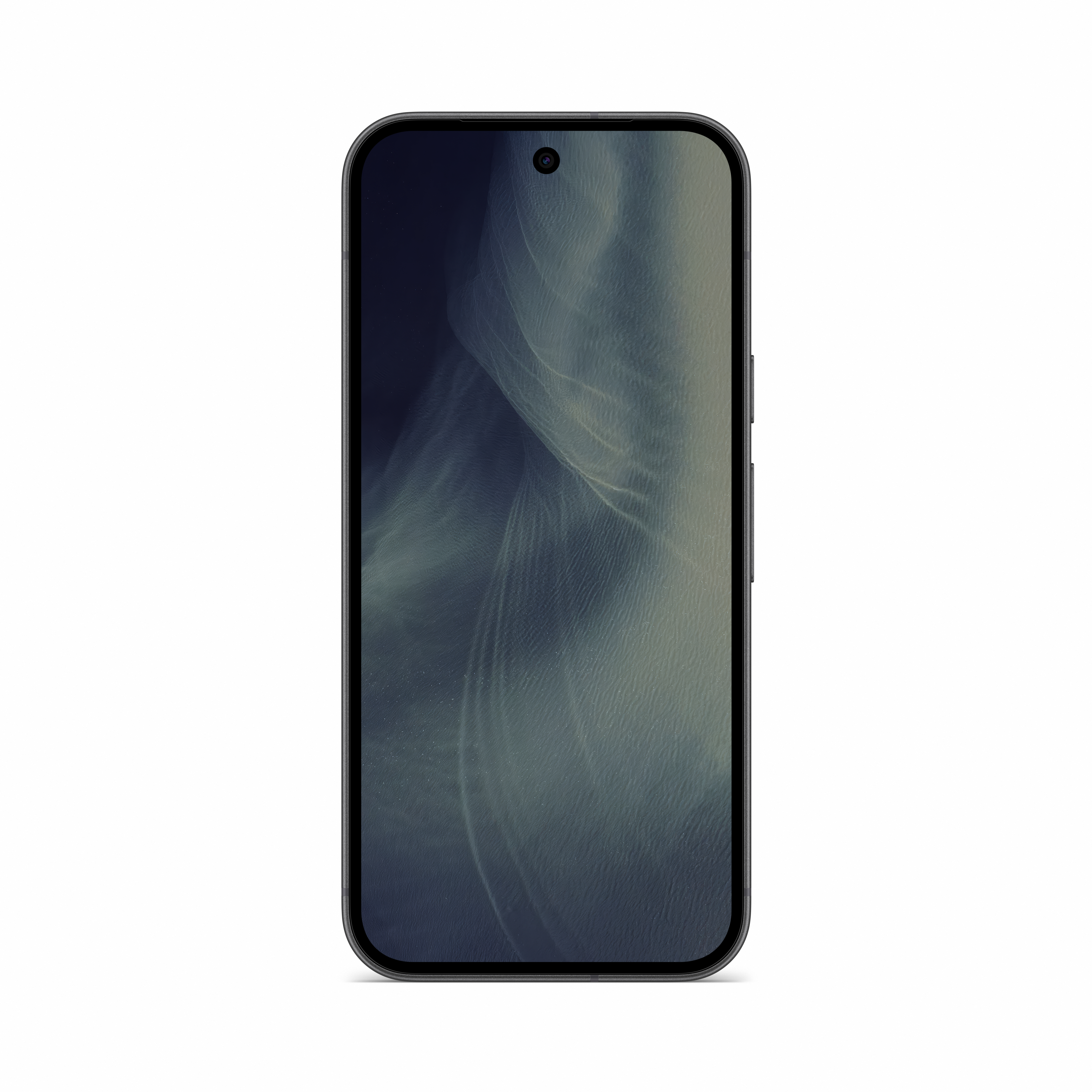 Ein Smartphone mit dunklem Gehäuse und wellenförmigem Bildschirmhintergrund vor weißem Hintergrund.