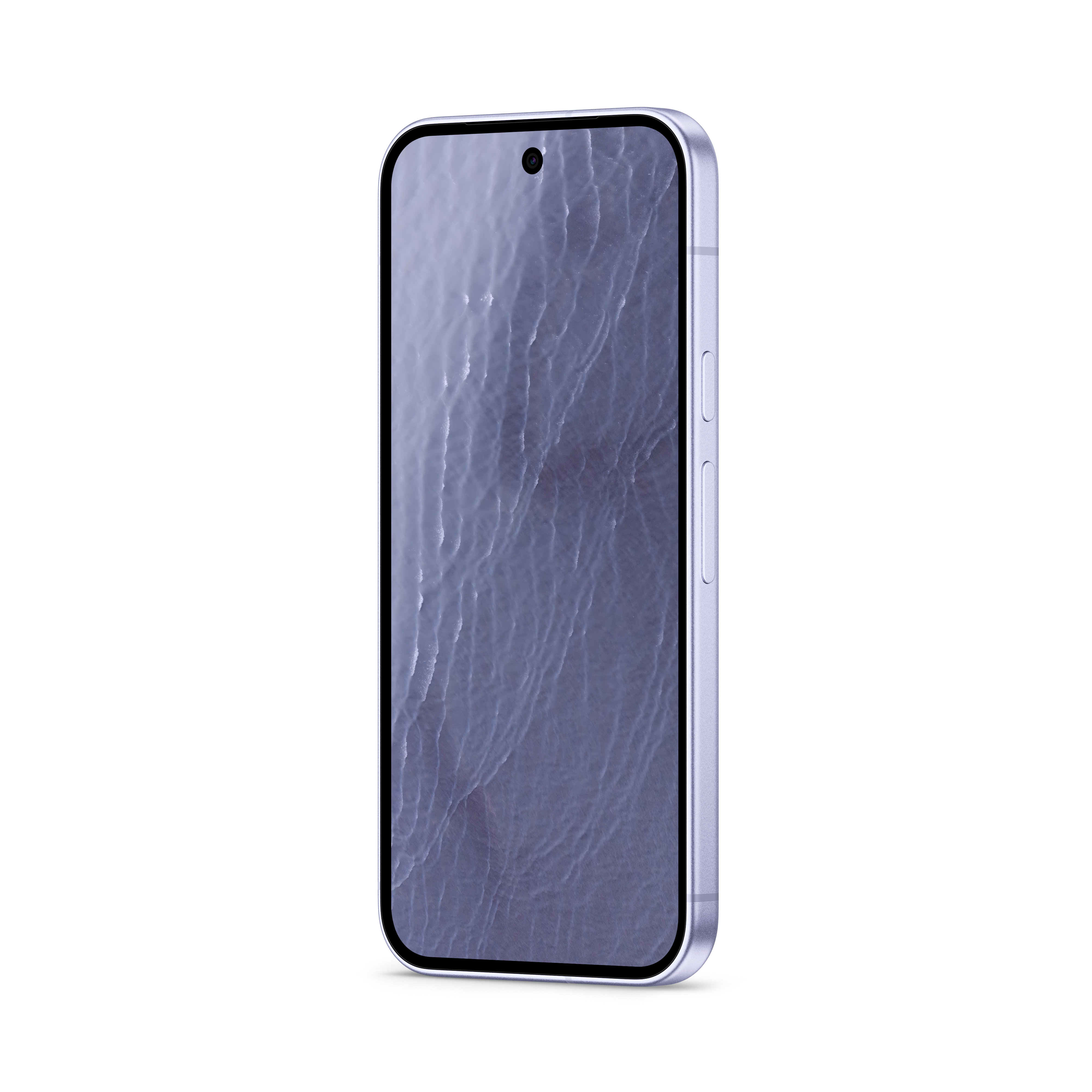 Ein hellviolettes Smartphone mit strukturierter blauer Tapete und Tasten an der Seite, leicht nach rechts geneigt.