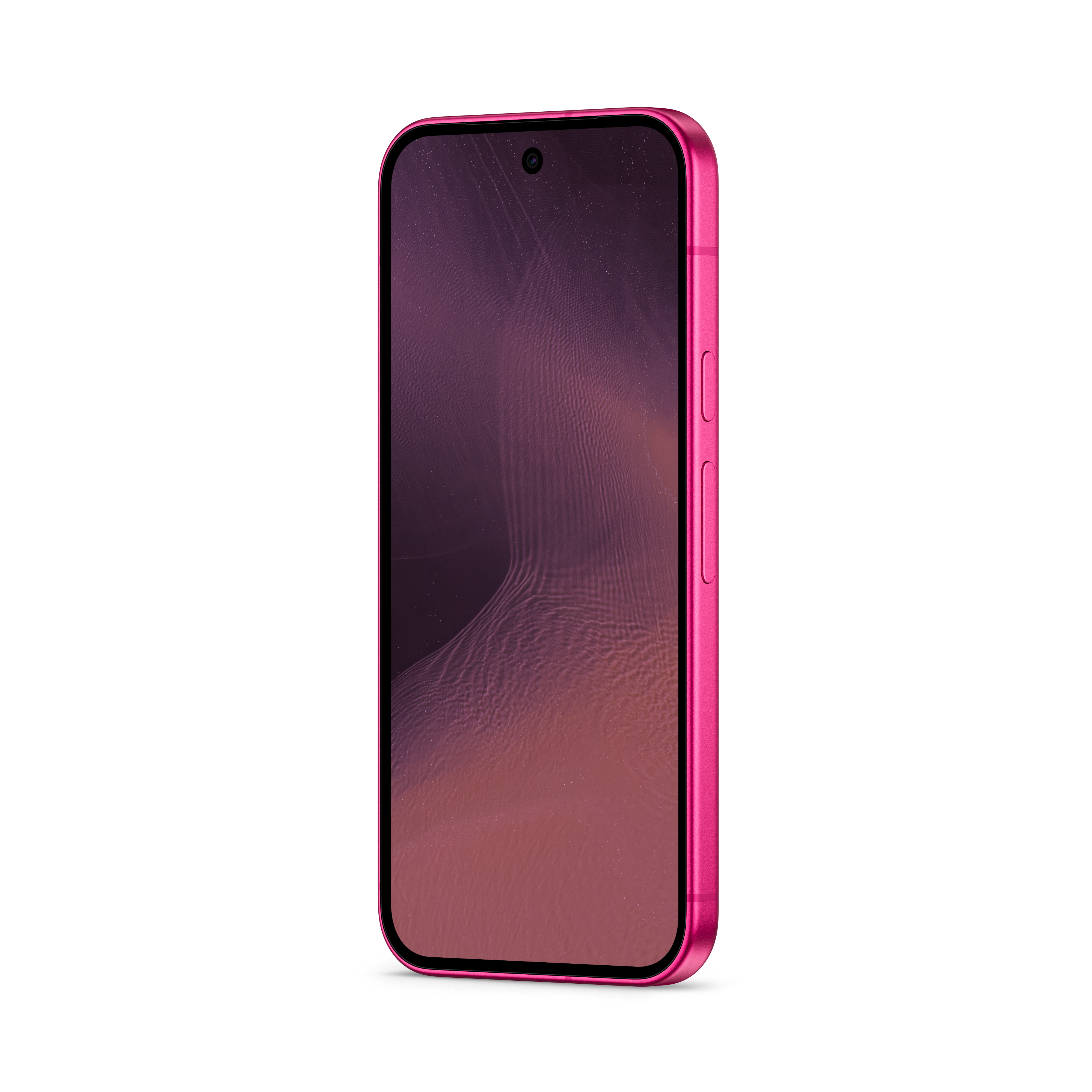 Ein pinkes Smartphone mit schwarzem Bildschirm und Seitentasten steht leicht schräg vor weißem Hintergrund.