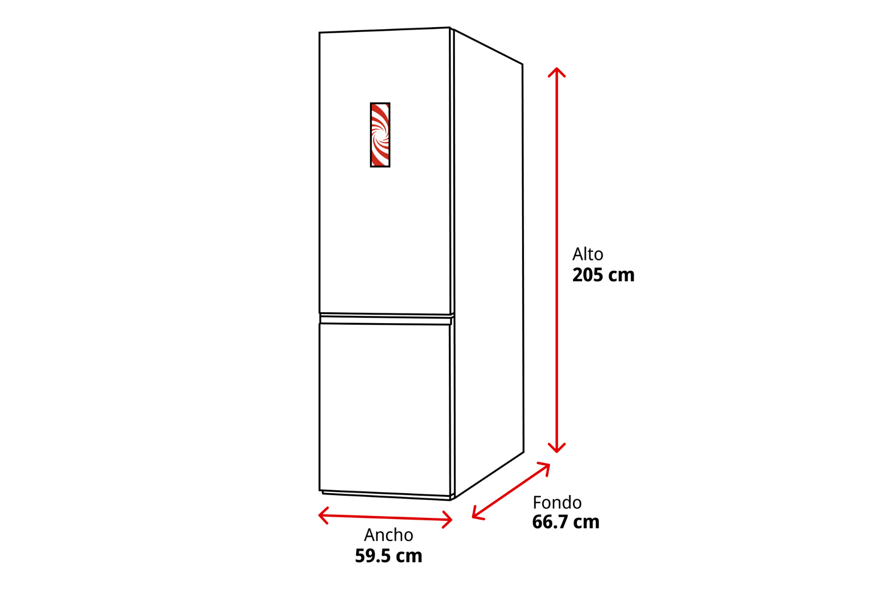 Dibujo lineal de un frigorífico con dimensiones de 205 cm de alto, 59,5 cm de ancho y 66,7 cm de fondo.