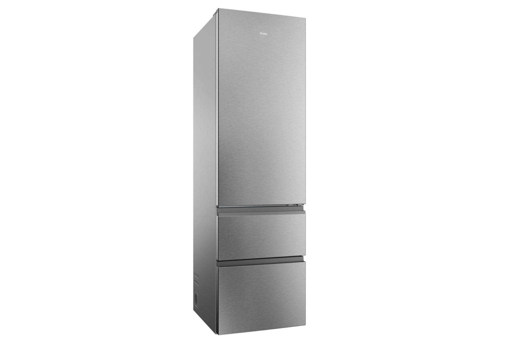 Un refrigerador Haier alto de acero inoxidable con una puerta superior y dos cajones de congelador inferiores en fondo blanco.