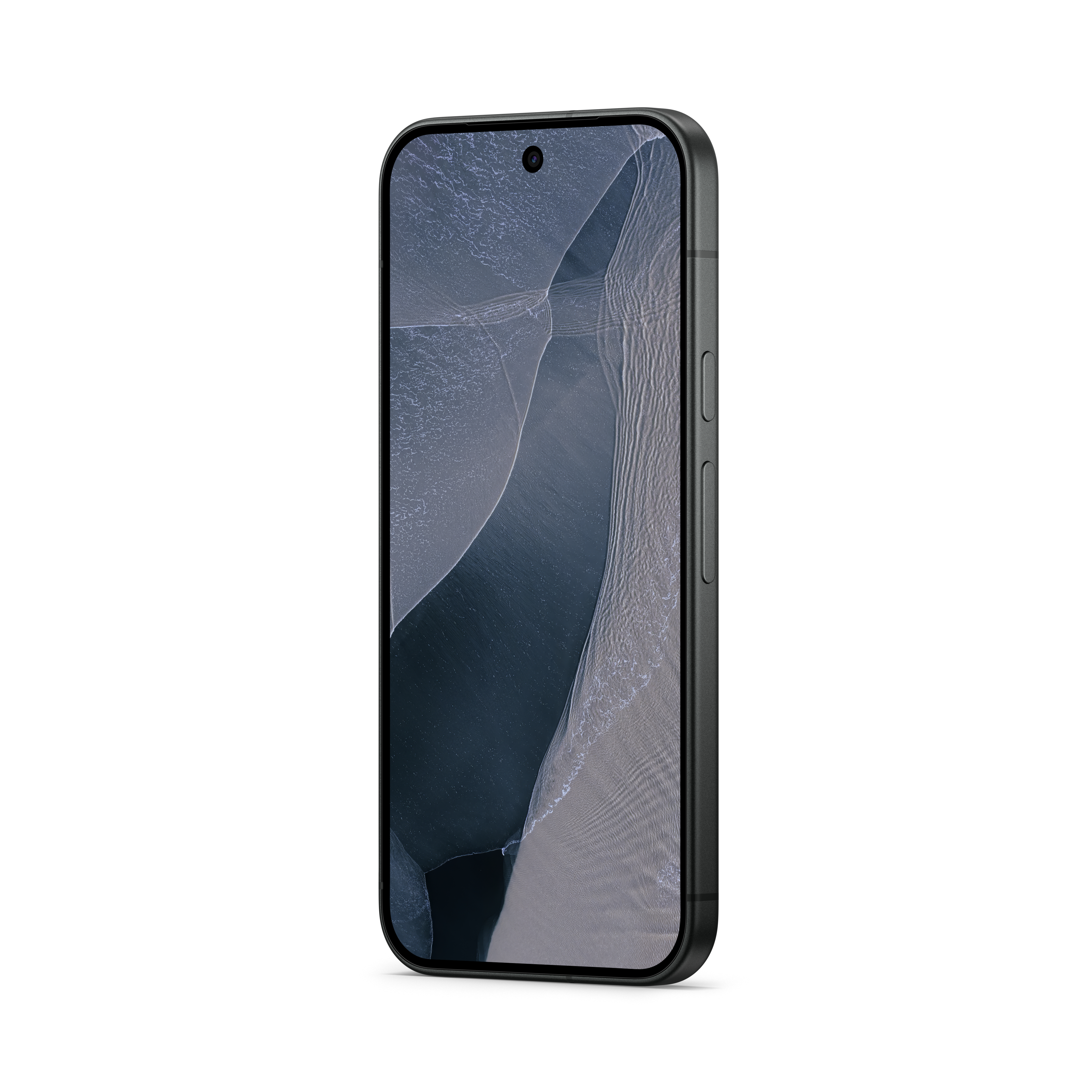 Ein schwarzes Smartphone mit dunklem, abstraktem Hintergrund und seitlichen Tasten vor weißem Hintergrund.