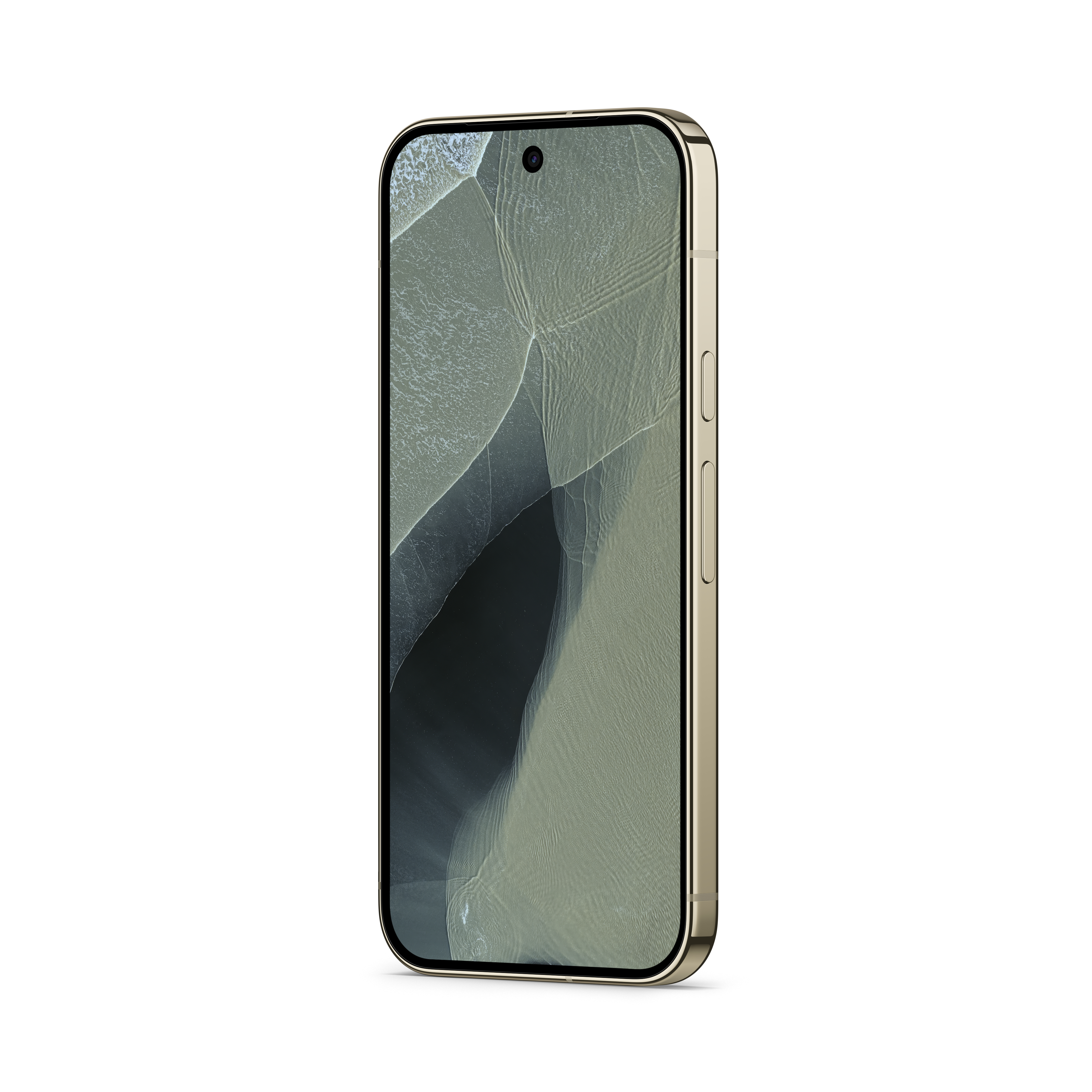 Ein goldenes Smartphone mit grauem abstrakten Hintergrundbild steht schräg auf weißem Grund.