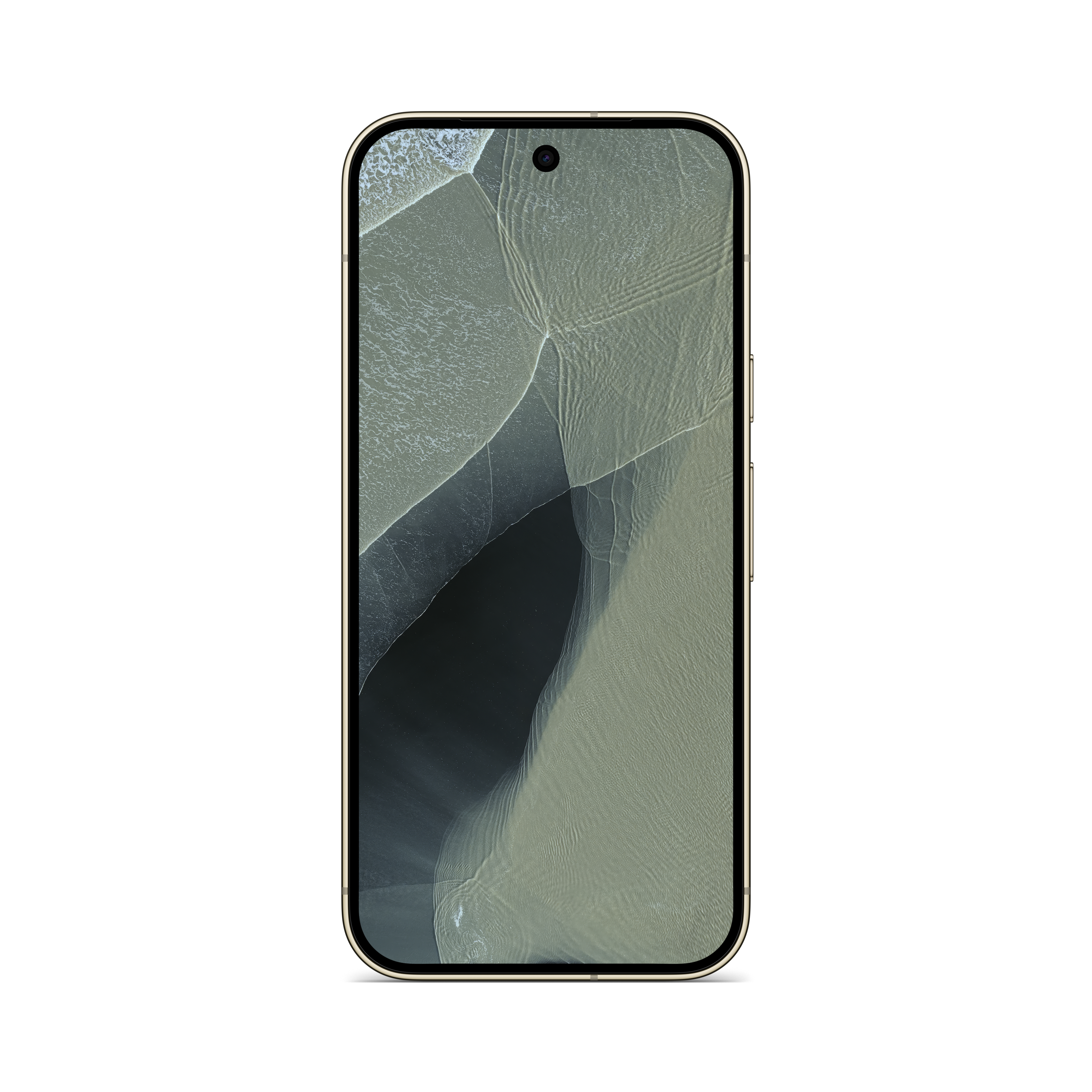 Ein Smartphone mit goldenem Rahmen zeigt auf dem Bildschirm ein abstraktes Wellenmuster in Grau und Schwarz.