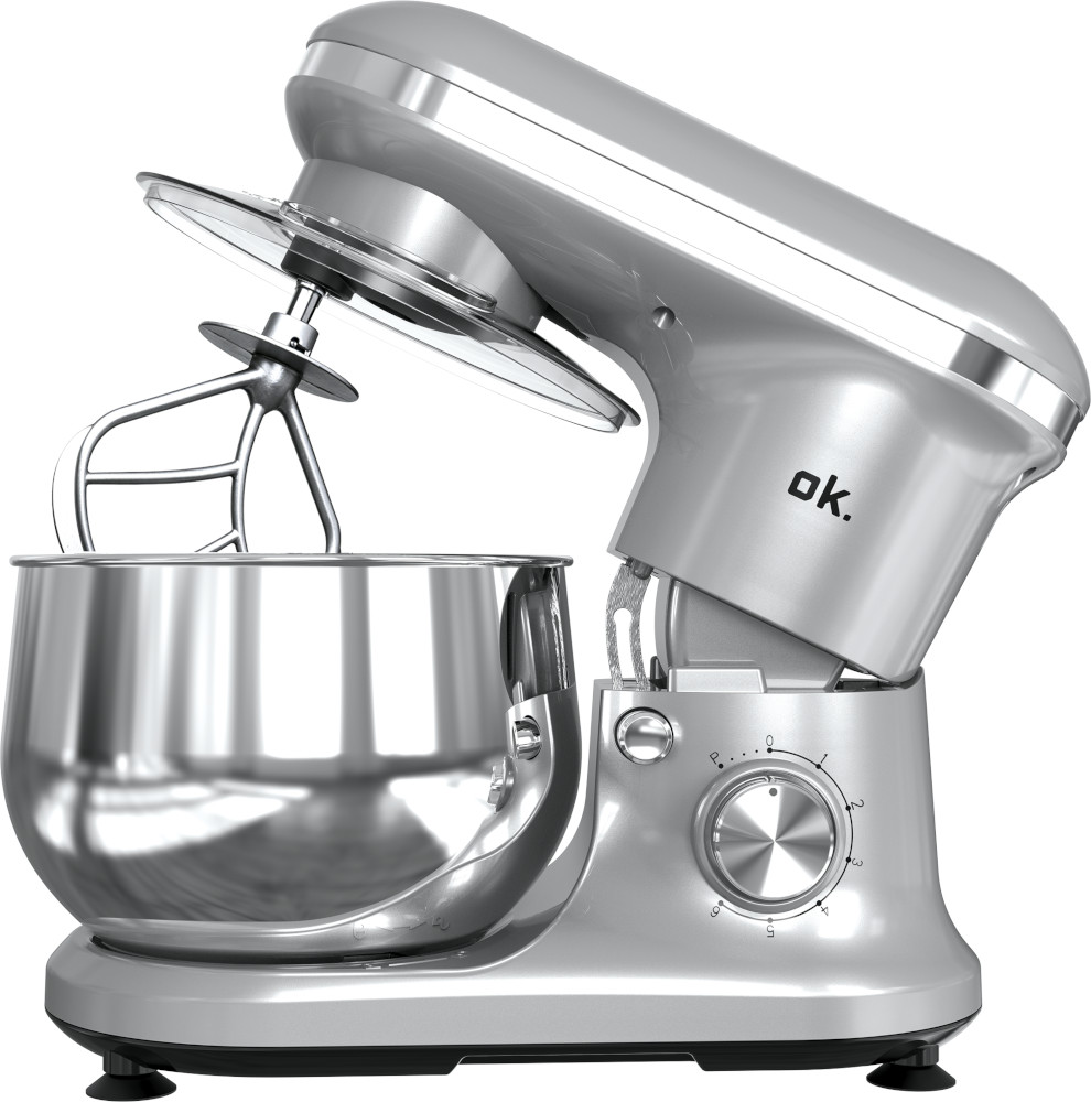 A silver stand mixer with a stainless steel bowl, splash guard, and attachment against a white background.
