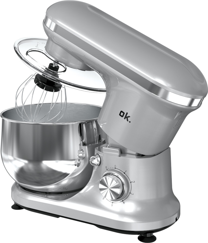 A silver stand mixer with a stainless steel bowl, a wire whisk, and a splash guard against a white background.