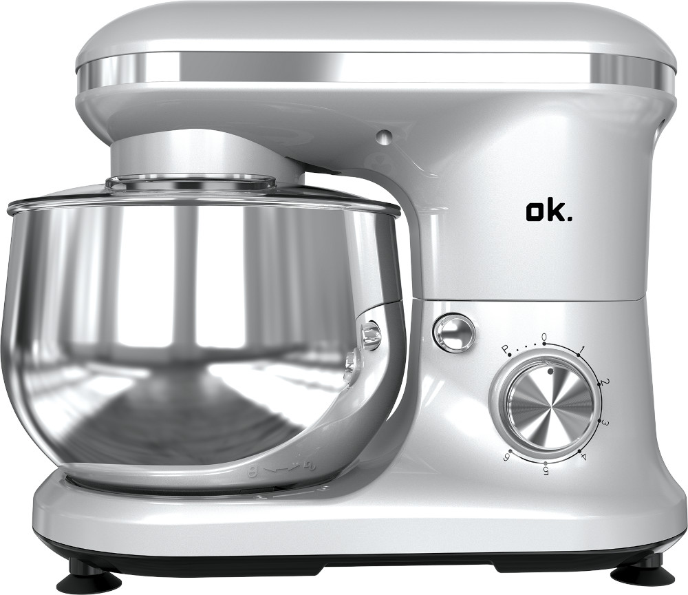 A silver-gray stand mixer with a stainless steel bowl and control knob on a white background.