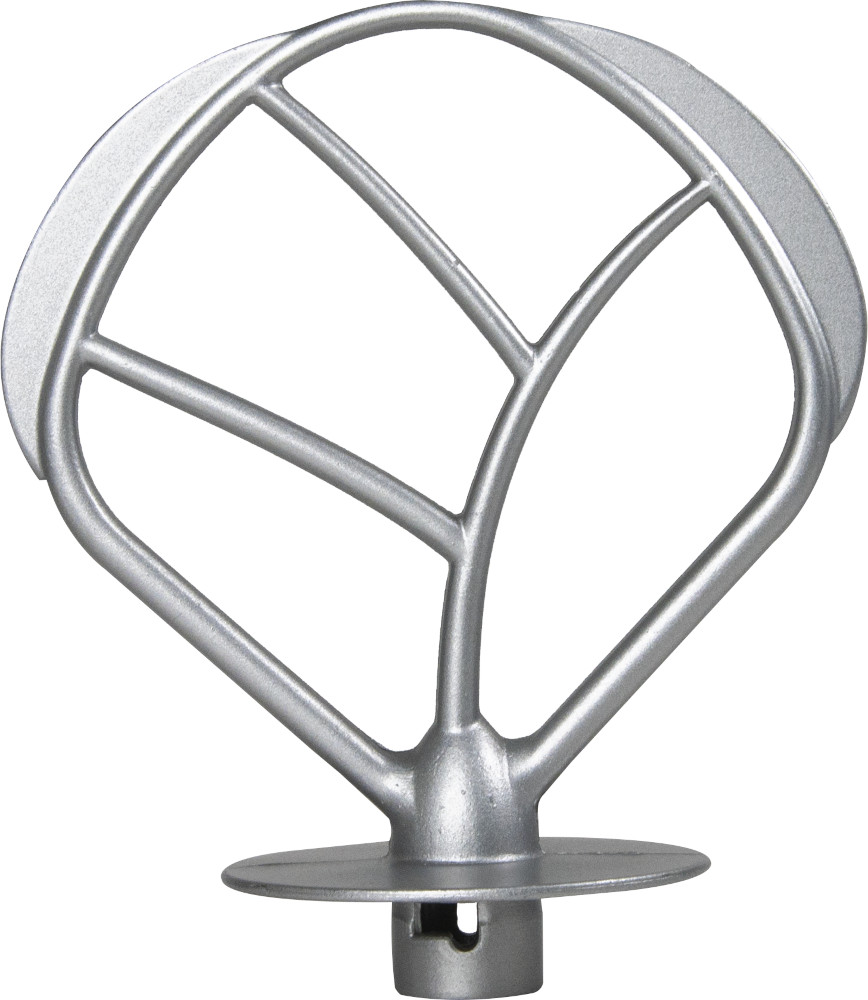 Silver stand mixer flat beater attachment on a white background.