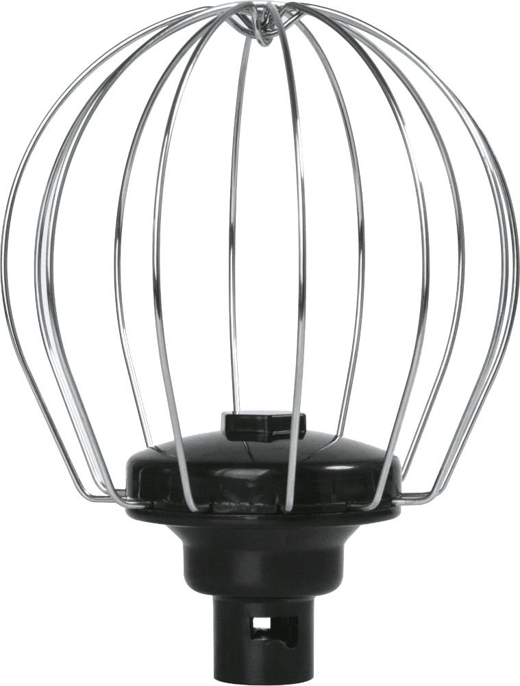 A metal wire whisk attachment with a black plastic base on a white background.