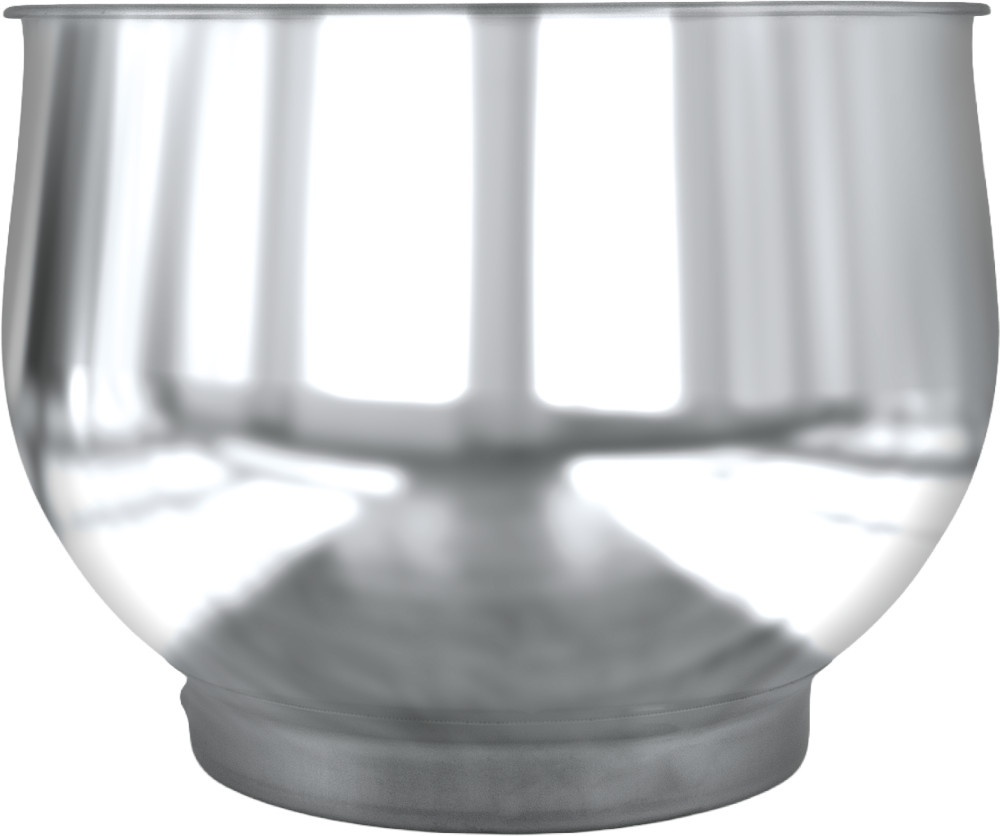 A shiny silver mixing bowl stands against a plain background, reflecting light on its curved surface.