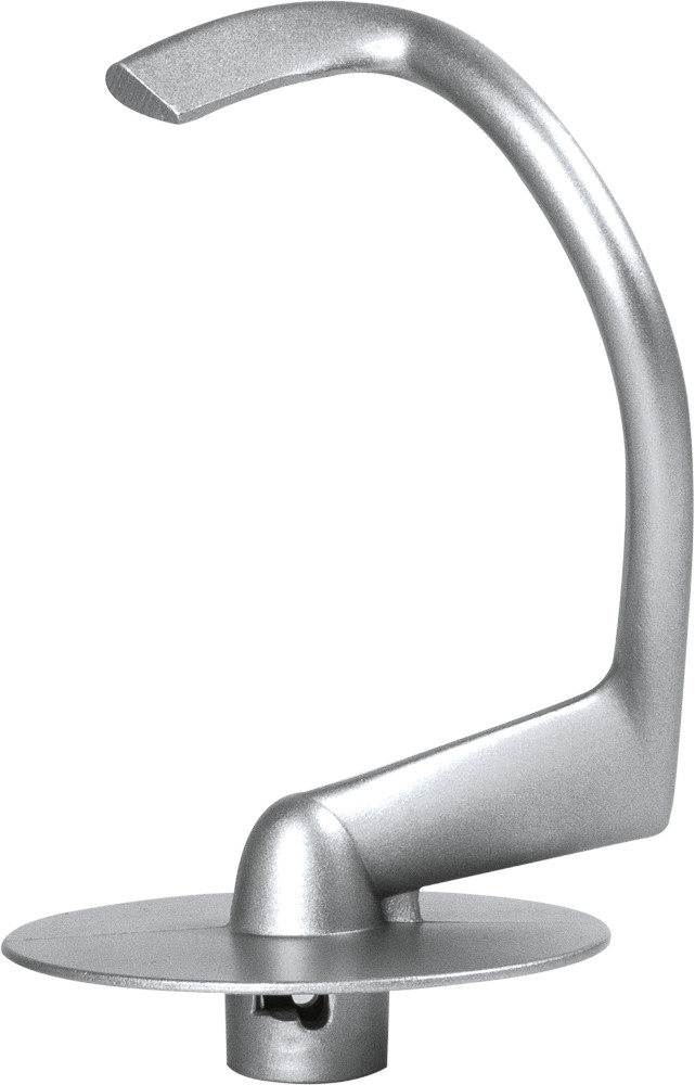 A silver dough hook attachment for a kitchen mixer against a white background.