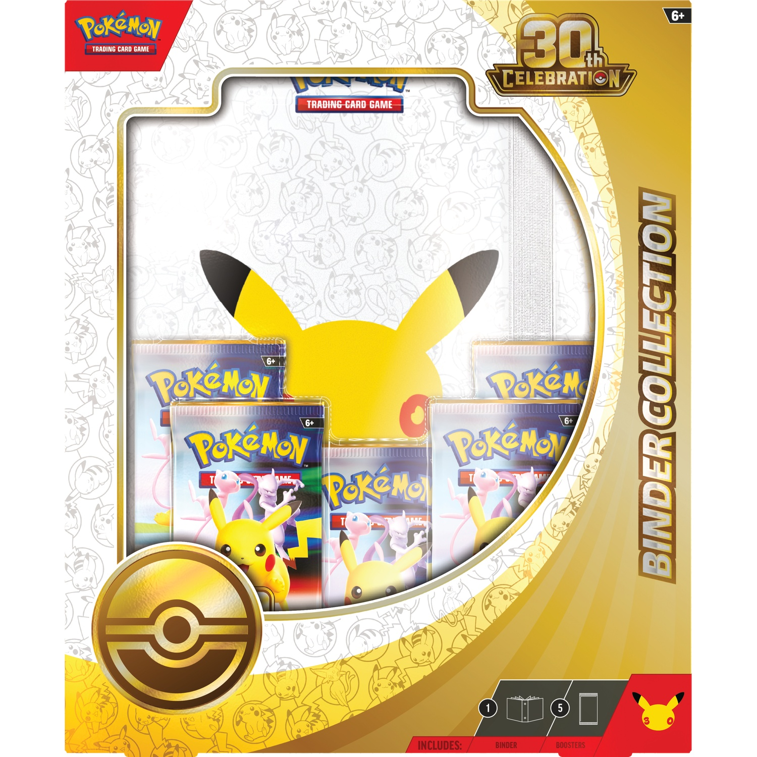 Pokémon 30th Celebration Binder Collection doos met Pikachu thema, kaartmap en vijf boosterpacks.