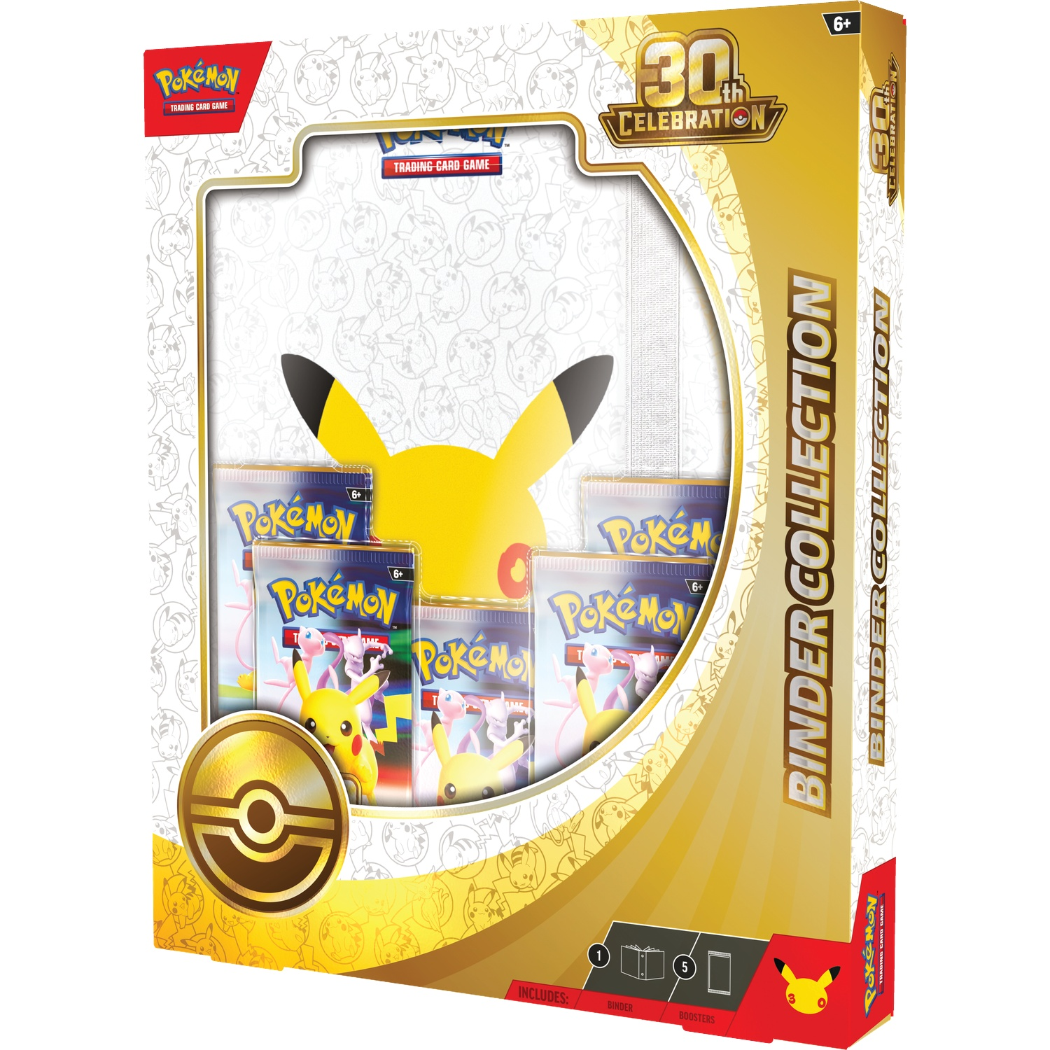 Pokémon 30th Celebration binder collectie box met Pikachu kaarten en booster packs.