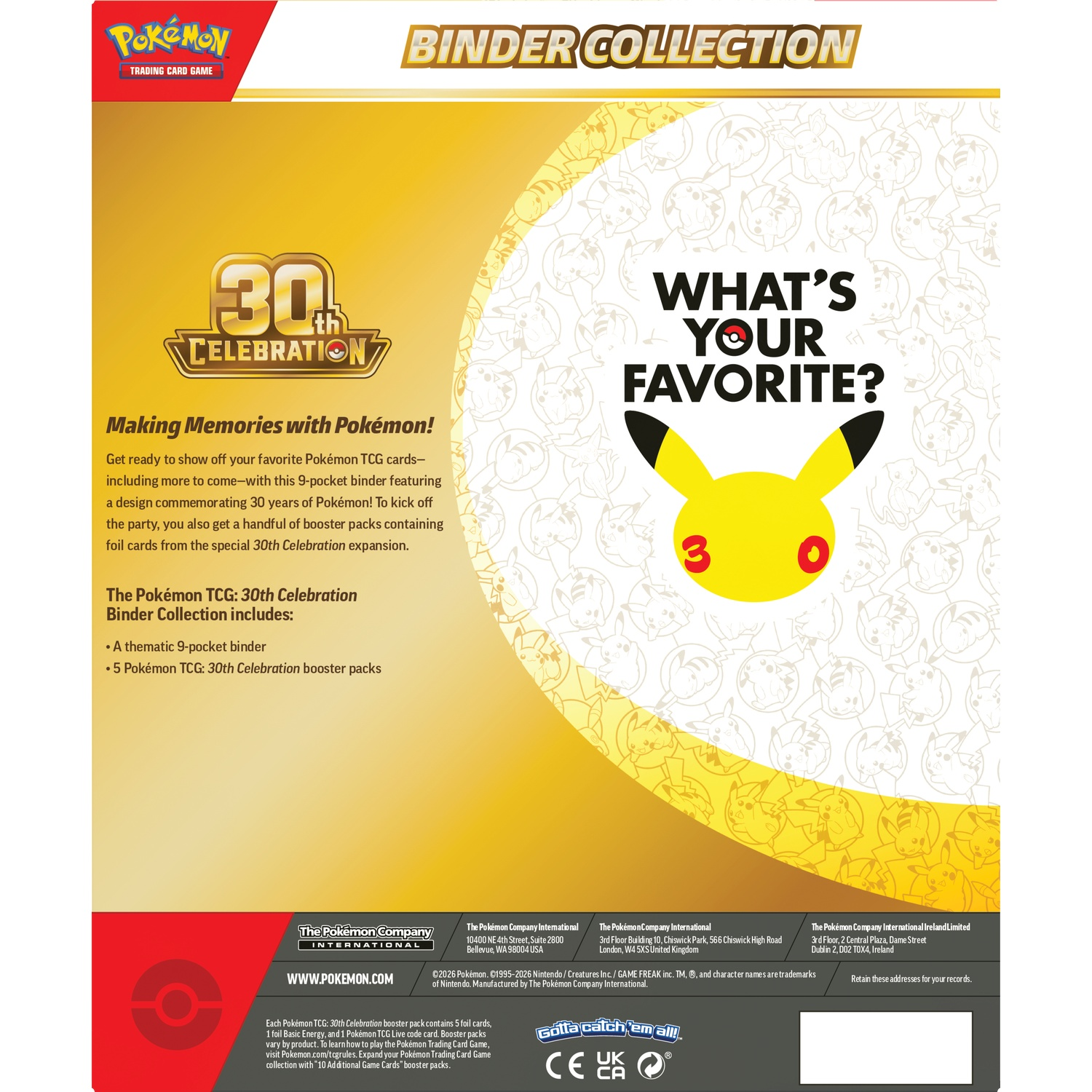 Achterkant van Pokémon 30th Celebration Binder Collection verpakking met Pikachu-grafiek, tekst en details op geel.
