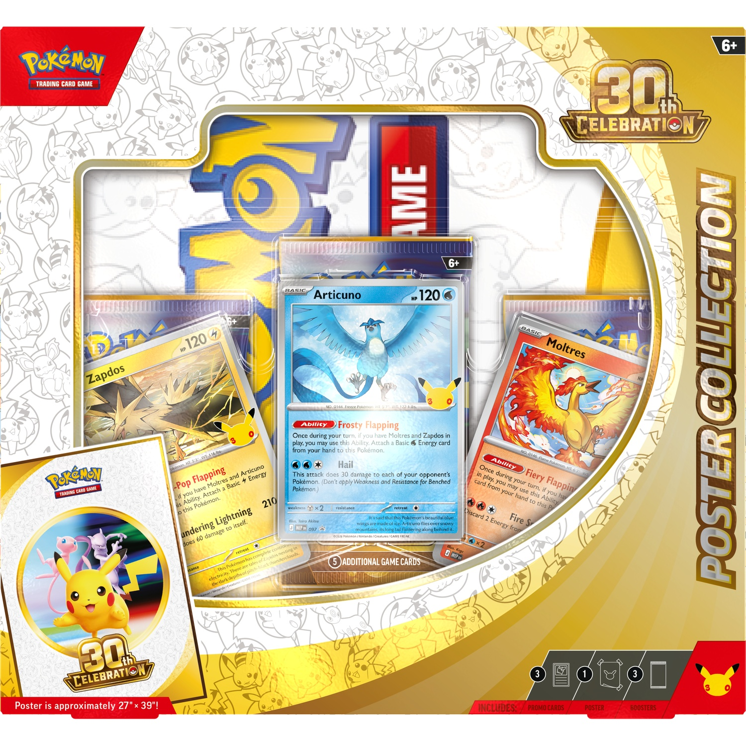 Een Pokémon 30th Celebration Poster Collection doos met Zapdos, Articuno en Moltres kaarten.