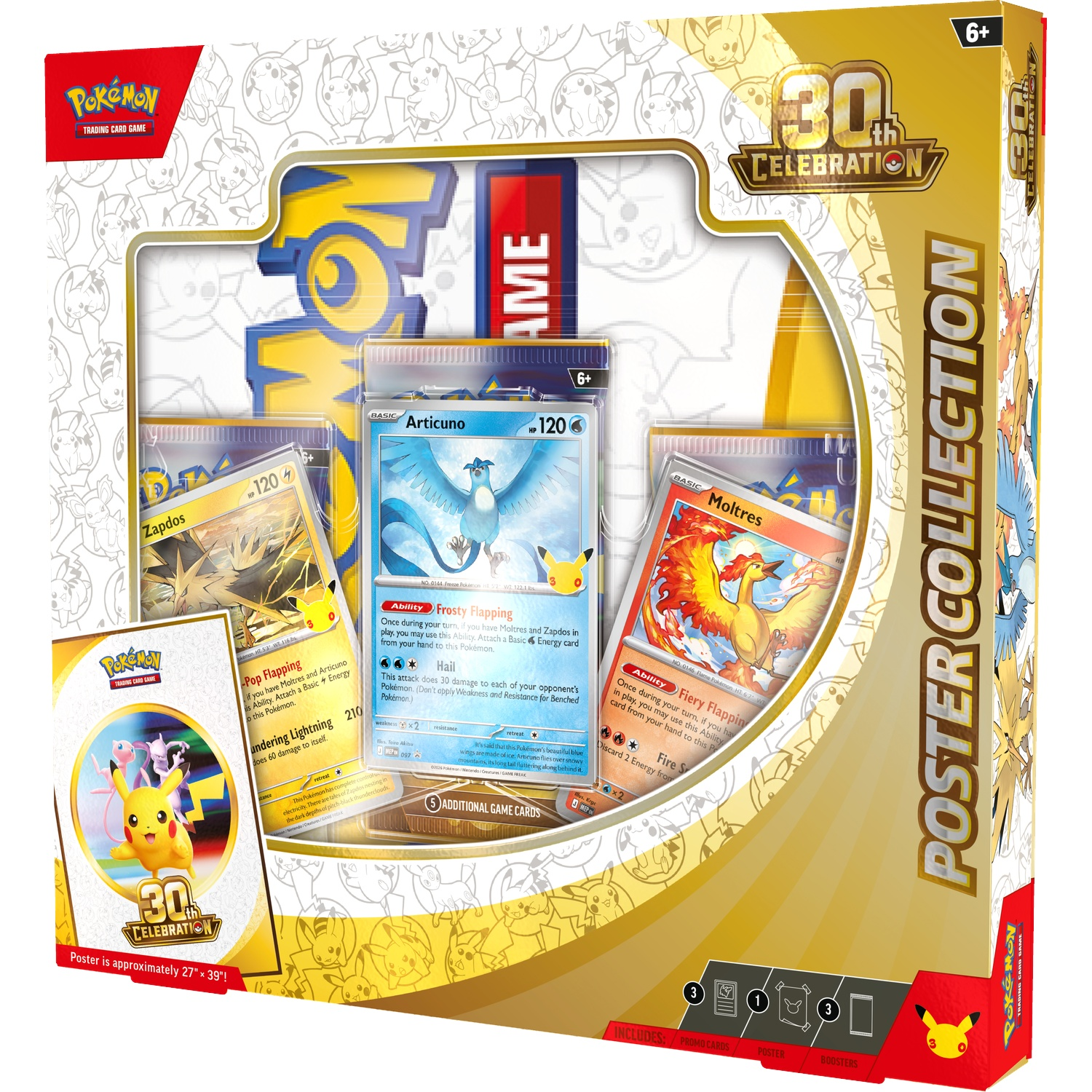 Een Pokémon 30th Celebration Poster Collection doos met promokaarten binnenin.