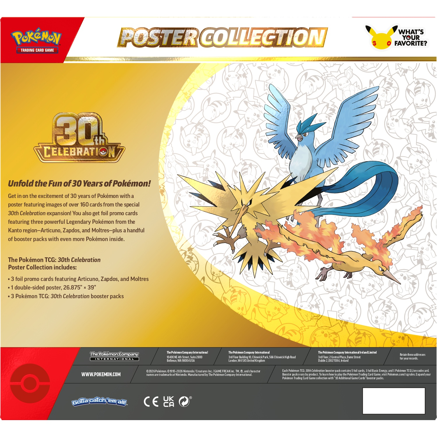 Achterkant van de Pokémon 30th Celebration posterbox met Articuno, Zapdos en Moltres.