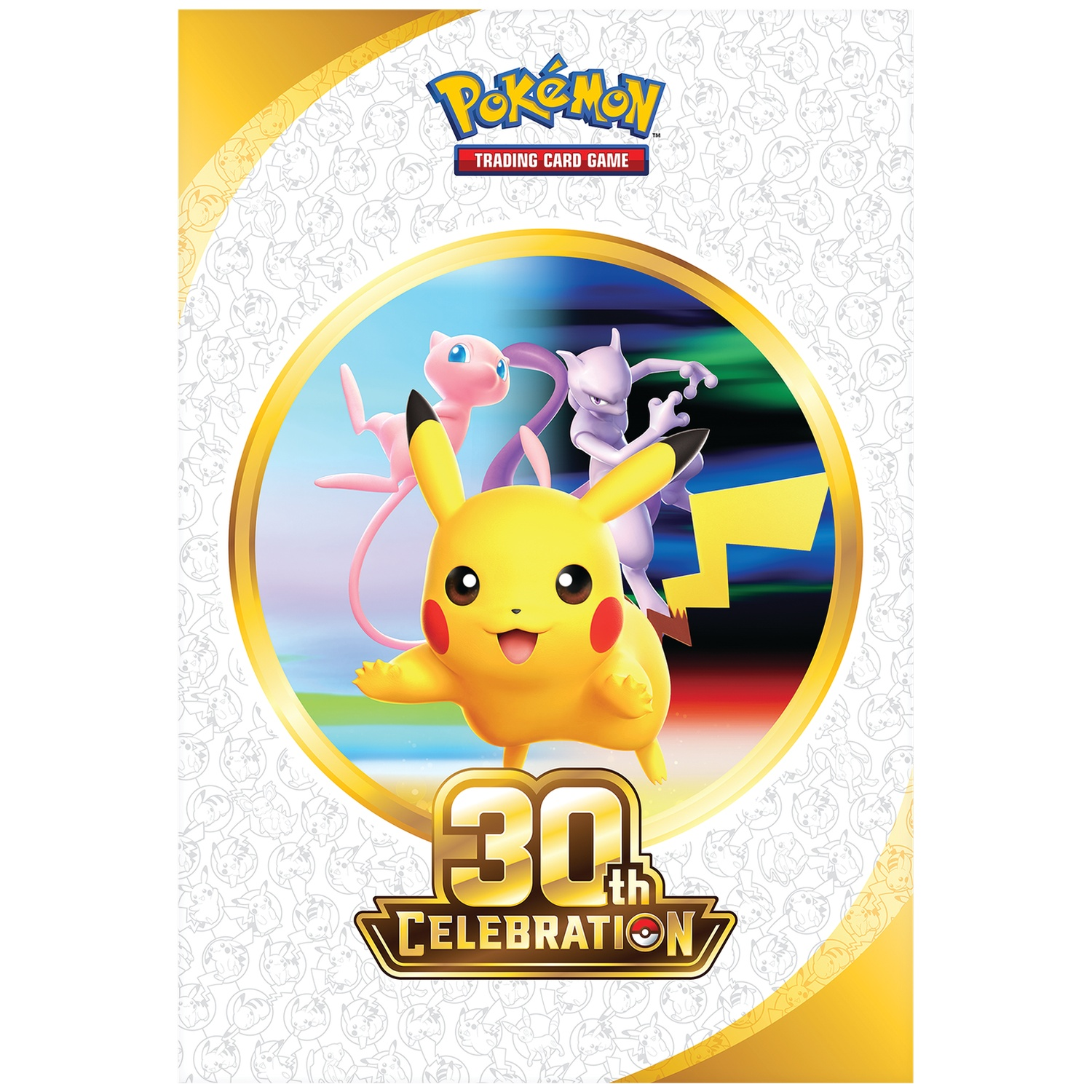 Pokémon 30th Celebration TCG logo met Pikachu, Mew en Mewtwo op een witte achtergrond.