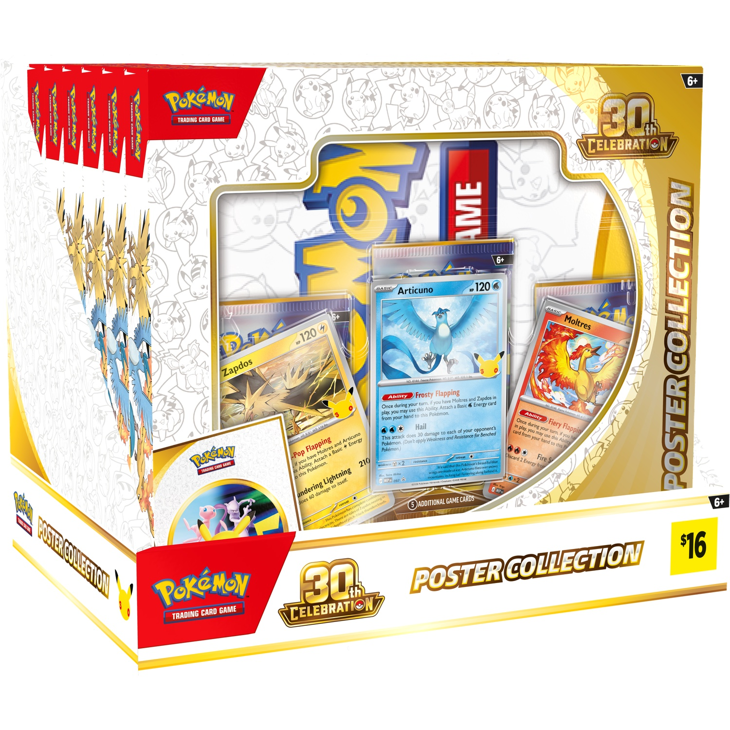 Pokemon 30th Celebration Poster Collectie doos met Zapdos, Articuno en Moltres kaarten.