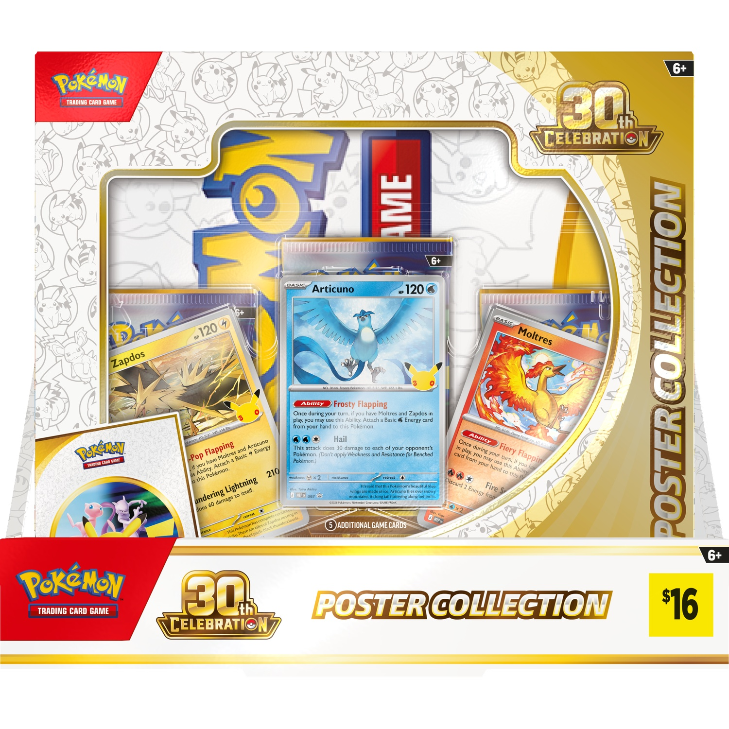 Pokémon 30th Celebration postercollectiebox met Articuno-, Zapdos- en Moltres-kaarten.