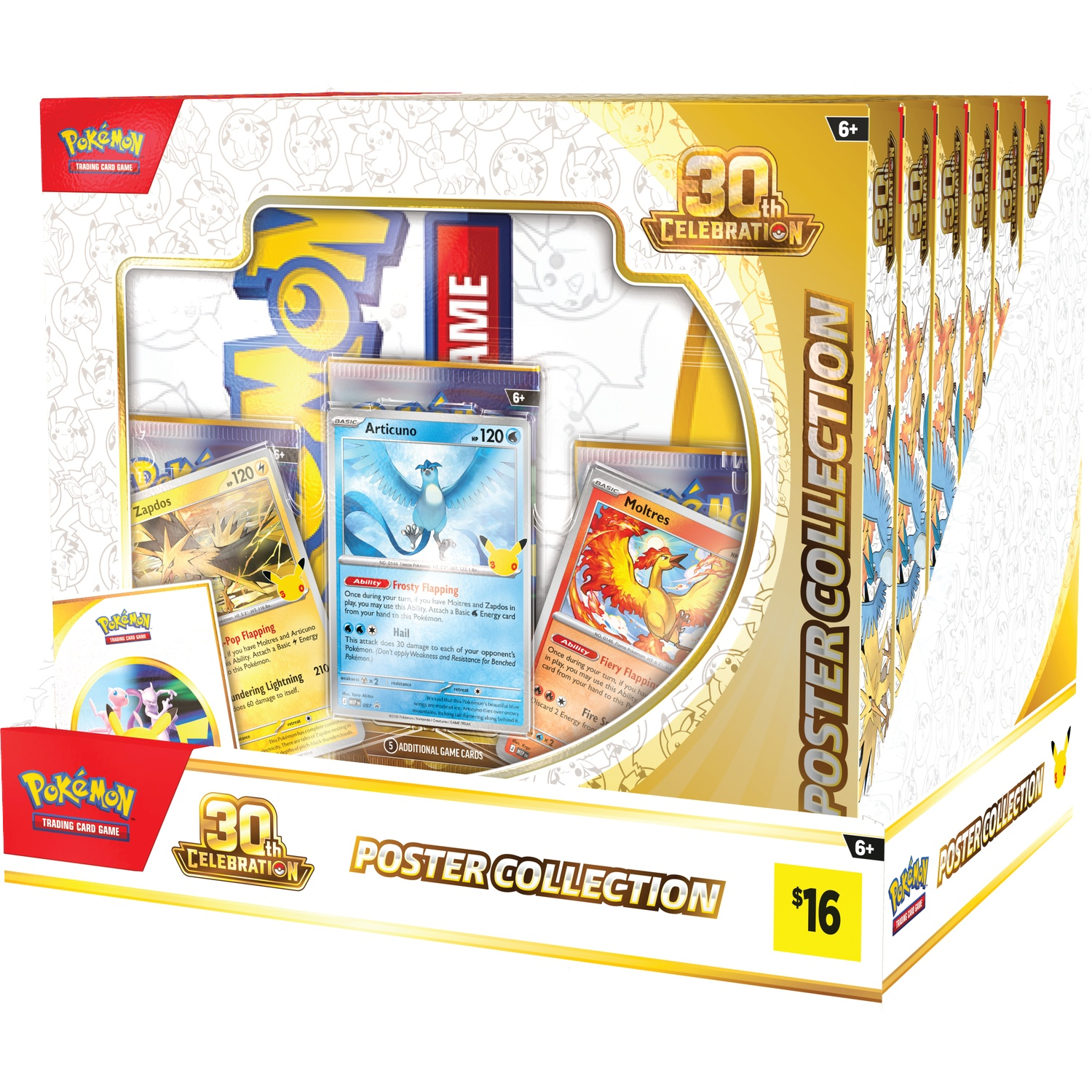 Pokémon 30th Celebration Poster Collection doos met Zapdos, Articuno en Moltres kaarten.
